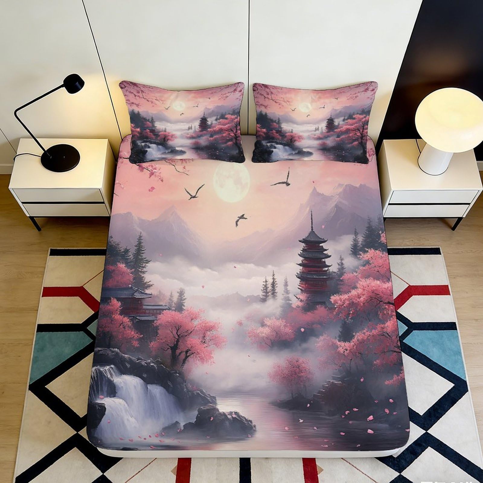 Dhbaneiok Style-4 3D Printed Sakura Landscape Fitted Sheet Microfiber Soft Oriental Pagoda Mattress Cover Bedroom Decor 90X200x25cm