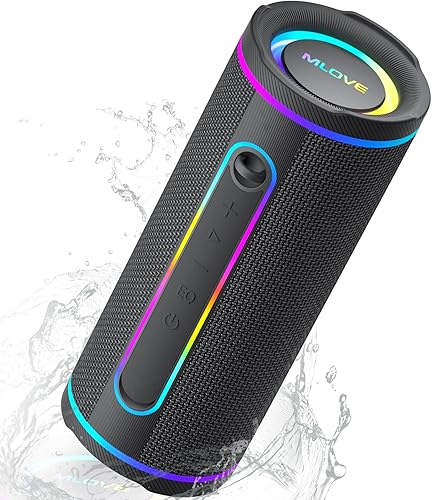 MLOVE Altavoz Bluetooth portátil E80, 30 W Bluetooth 5.4 altavoces inalámbricos para exteriores con luces, IPX7 impermeable, entrada auxiliar,