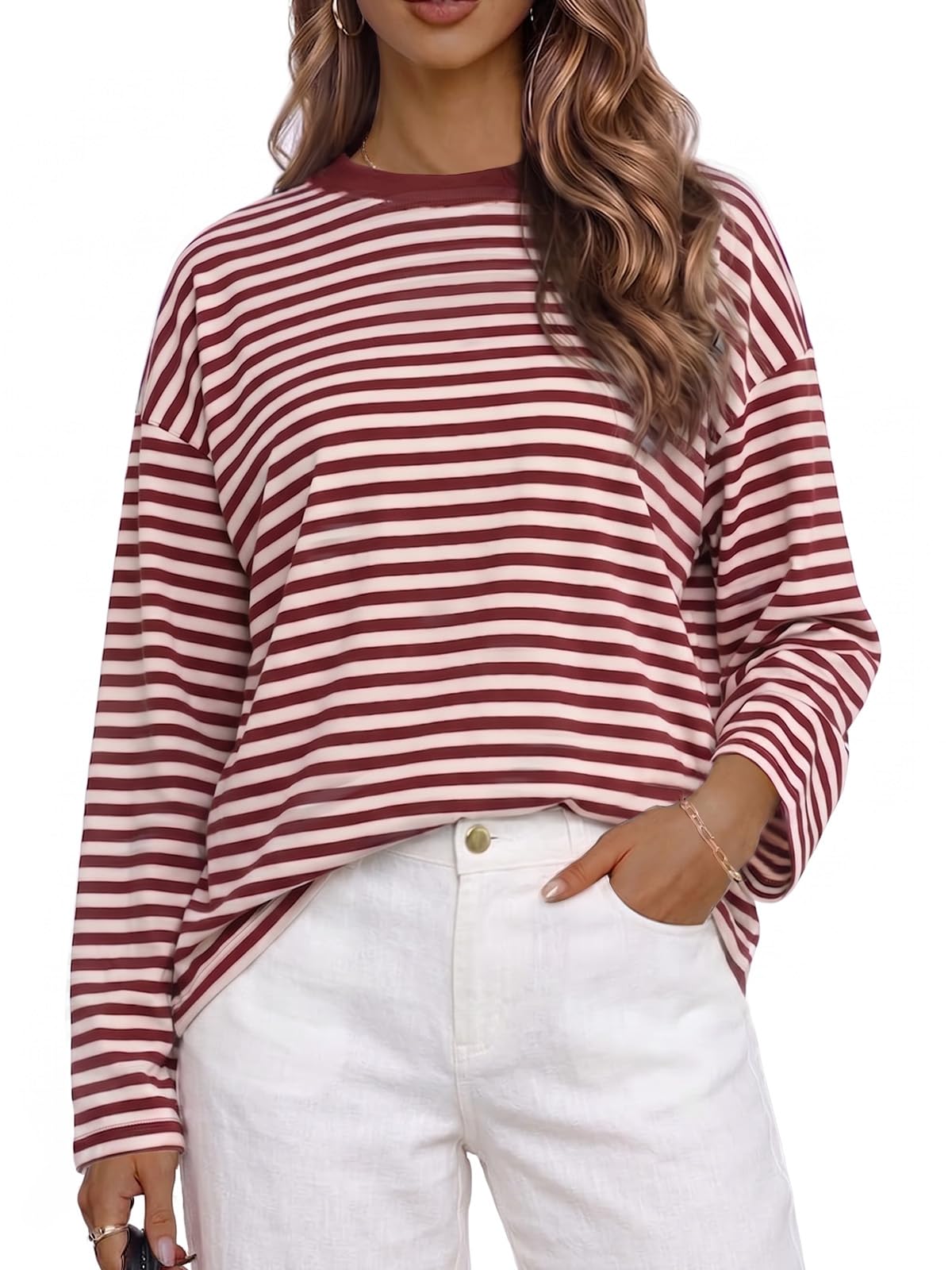 Cuptacc Langarmshirt Damen Gestreiftes Oversized Sweatshirt Herbst Casual | Rundhals Sweatshirts,Streifenshirt,Lockere Pullover,Lässiger Longsleeve,Loose Fit Oberteile,Streetwear Shirt Langarm