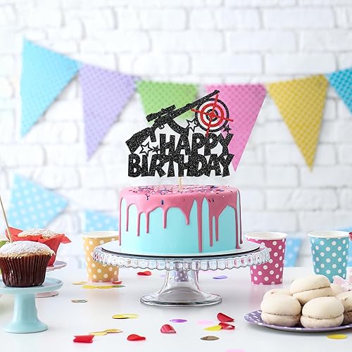 Miniatura 7 de Maicaiffe Decoración para tartas de cumpleaños con temática de disparos de pistola, decoración de pastel de cumpleaños para hombre