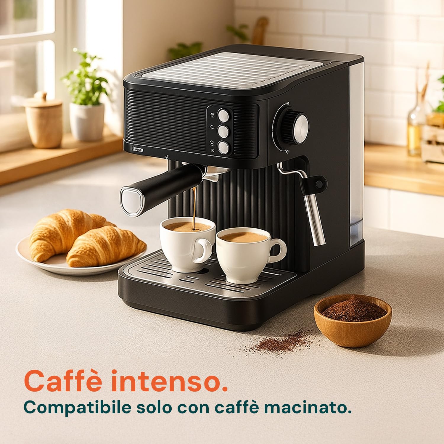 Wintem - Macchina Caffè 850W per Espresso Intenso con Filtro in Acciaio Inossidabile, Serbatoio da 2L e Compatibilità con Caffè Macinato e Cialde, Uso Facile e Design Compatto Nera
