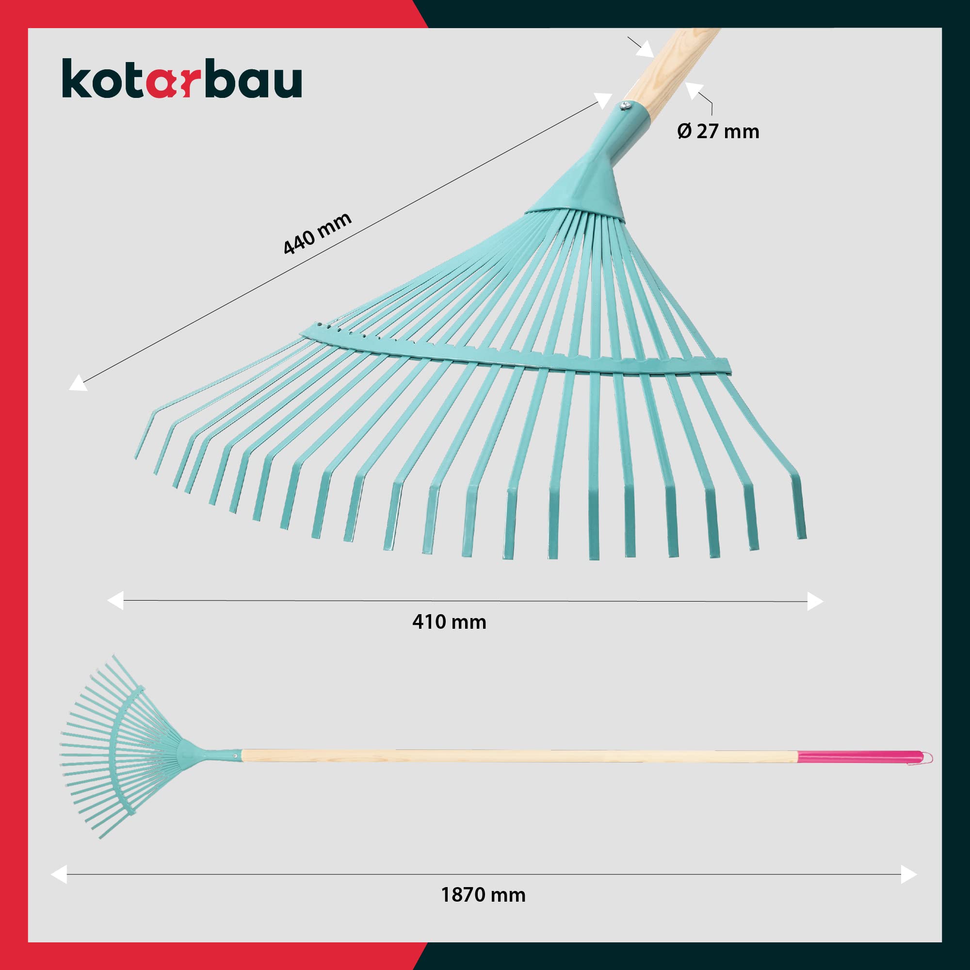 KOTARBAU® Rastrillo Jardín - Acero - 41 cm - Rastrillo Hojas Jardín - con Mango 187 cm - Herramienta Robusta para Jardinería - Turquesa y Madera Natural