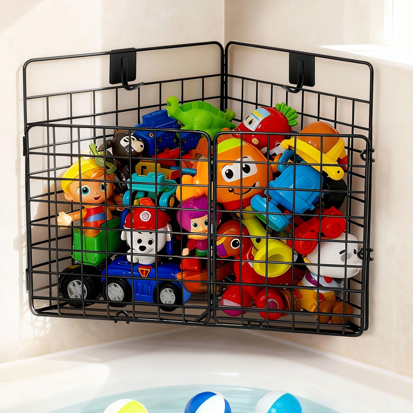 Greentainer Bath Toy Storage Organizer Basket, Triangle Metal Foldable Bathtub Rack, Wall Mounted Bathroom Corner Storage Holder For Bathtub for Sorting Toys/Clothes/Toiletries,Easy Access