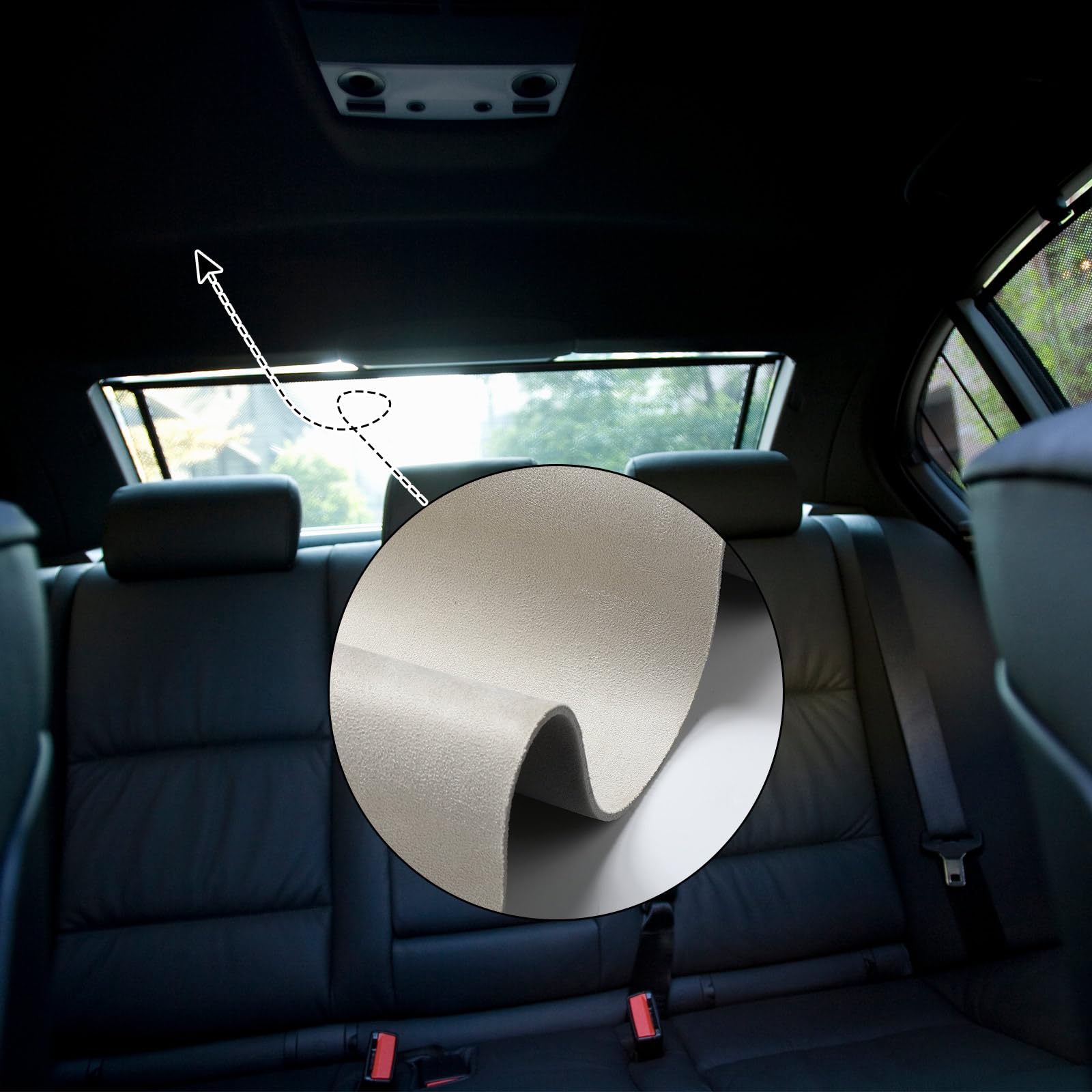 Pangda Tessuto scamosciato con supporto in schiuma da 0,6 cm, per tettuccio dell'auto, materiale scamosciato, con bordo in gomma, per fai da te, auto, camper, barche, soffitti interni (beige, 203 x