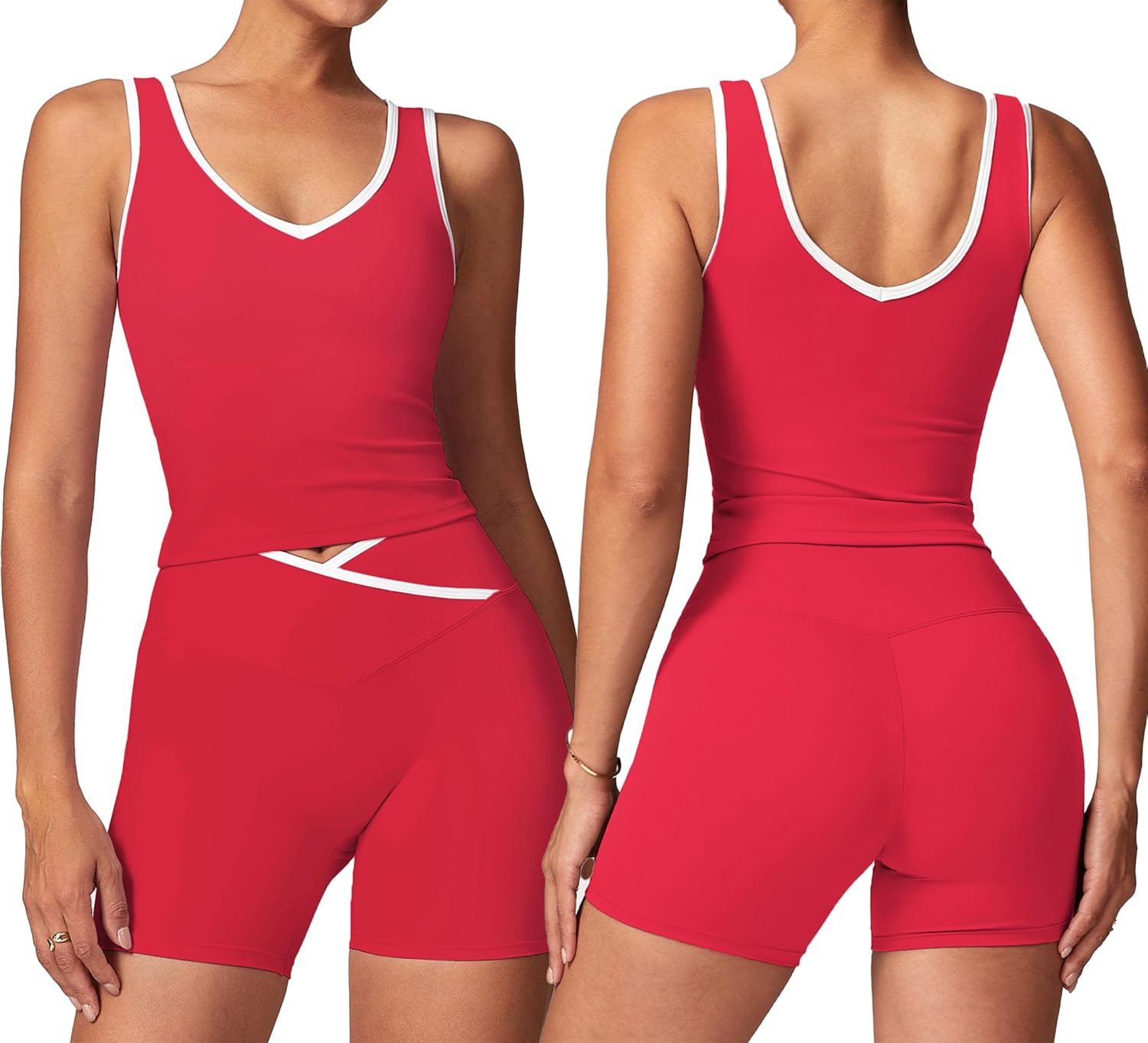 SUUKSESS Women 2 Piece Workout Sets Built in Bra Yoga Tank Top High Waisted Tummy Control Biker Shorts