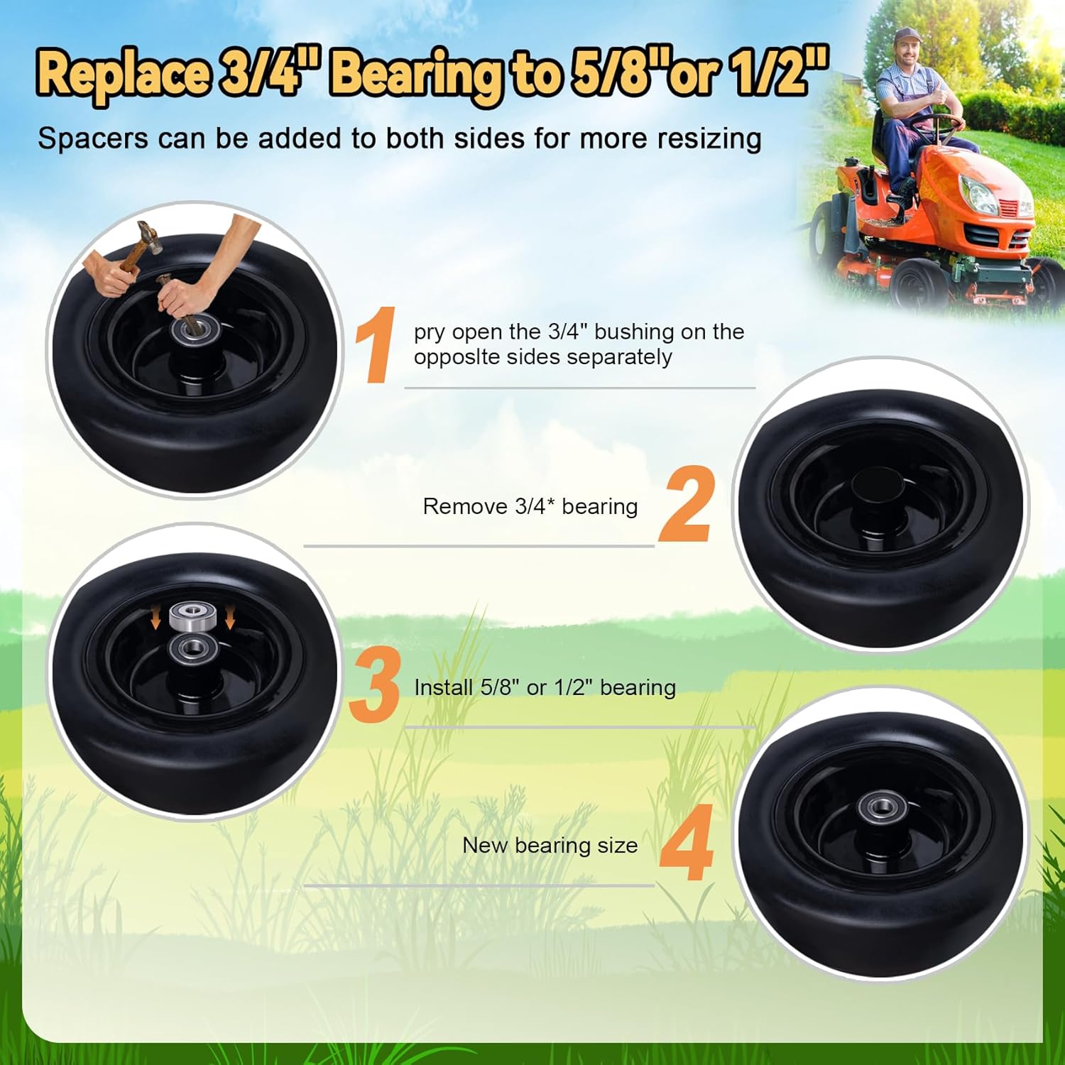 13x5.00-6 Tires for Zero Turn Mower,with Upgraded 3/4"or 5/8" and 1/2" Bearing More Durable, 13x5.00-6 Flat Free Tire, 13x5-6 Lawn Mower Tires,4.2"-5.2" Center Hub, Load 500lbs