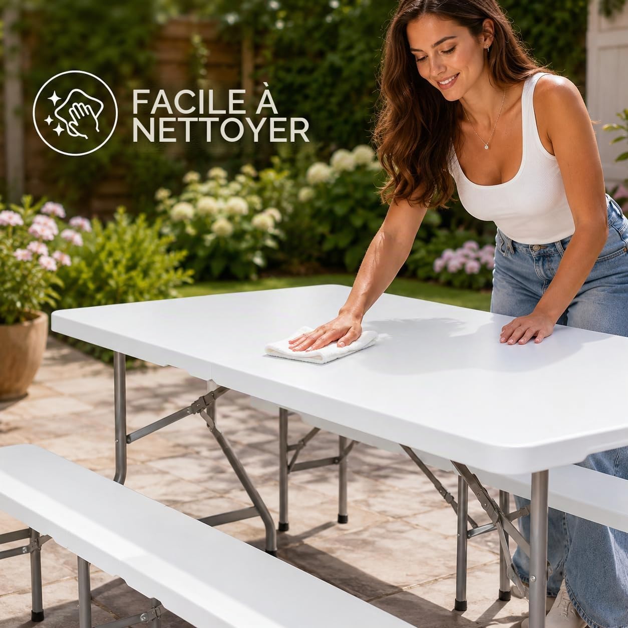Ensemble Table 2X Banc de Jardin en Plastique Traiteur Pliante Table Buffet Picnic Plateau Camping Pliable avec Poignée en Blanc