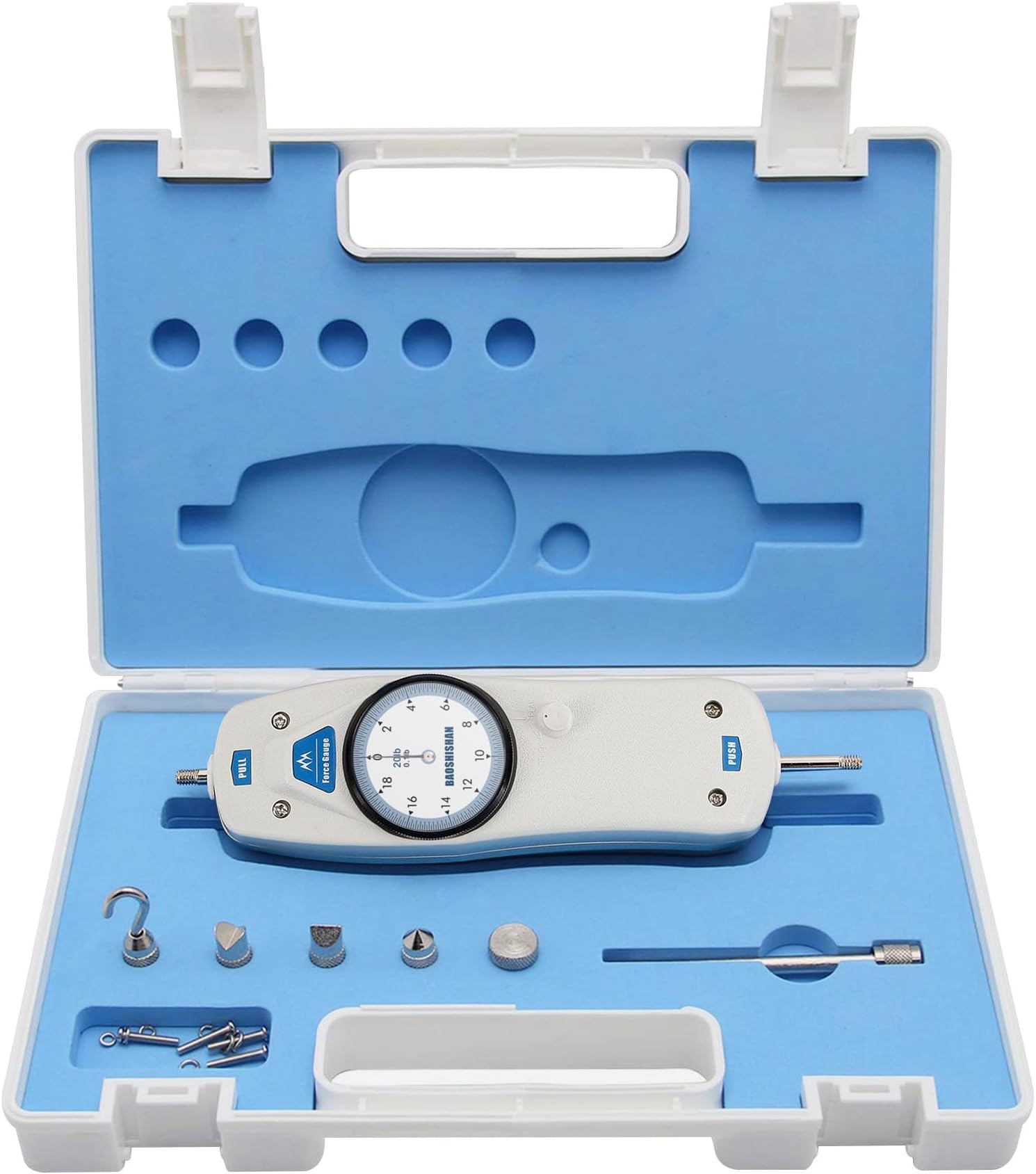 BAOSHISHAN 20lb Push Pull Force Gauge Force Tester Meter with Calibration Certificate and Carrying Case, for Tension and Compression Load Plug Force Destructive Tests DL-20LB