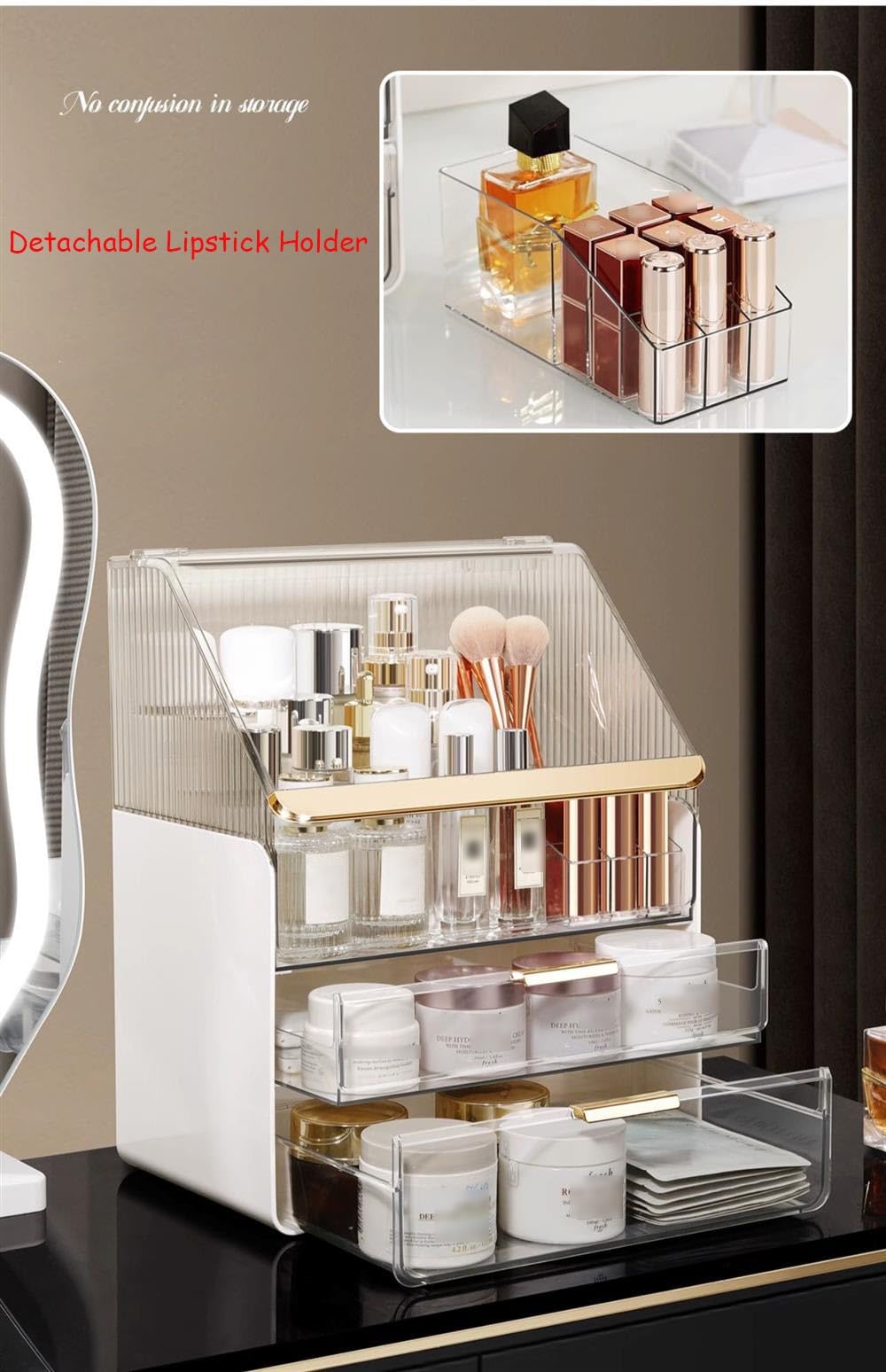 Caja organizadora de maquillaje, vitrinas acrílicas para cosméticos con 2 cajones y caja de almacenamiento de gran capacidad para el cuidado de la piel, organizadores de maquillaje y almacenamiento