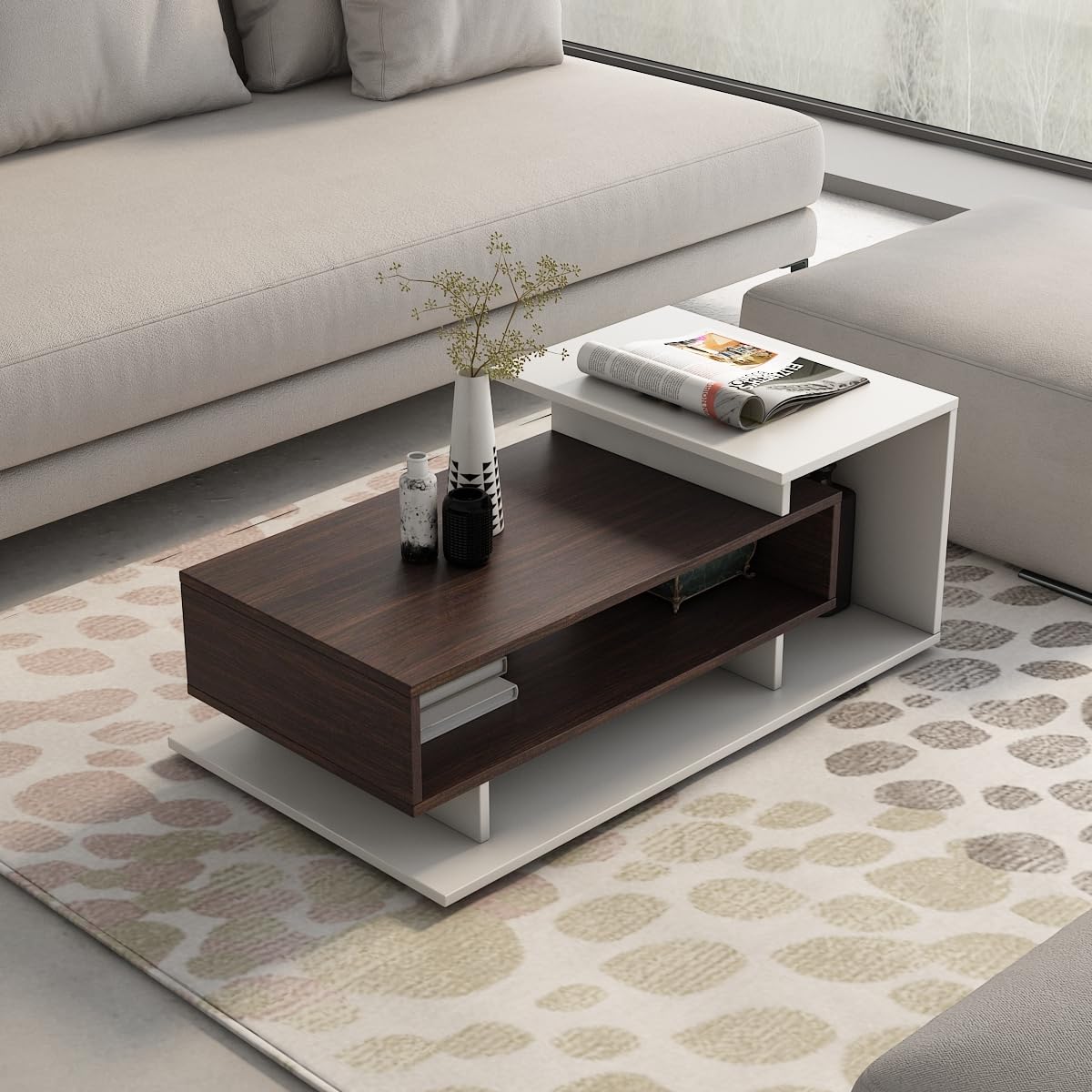 A GLOBIA CREATIONS Kiosk Centre Table Engineered Wood, Choco Walnut + Frosty White Finish | Elegant & Sturdy | Coffee Table for Home or Office | Knock-Down | 3 Years Warranty-picture-13