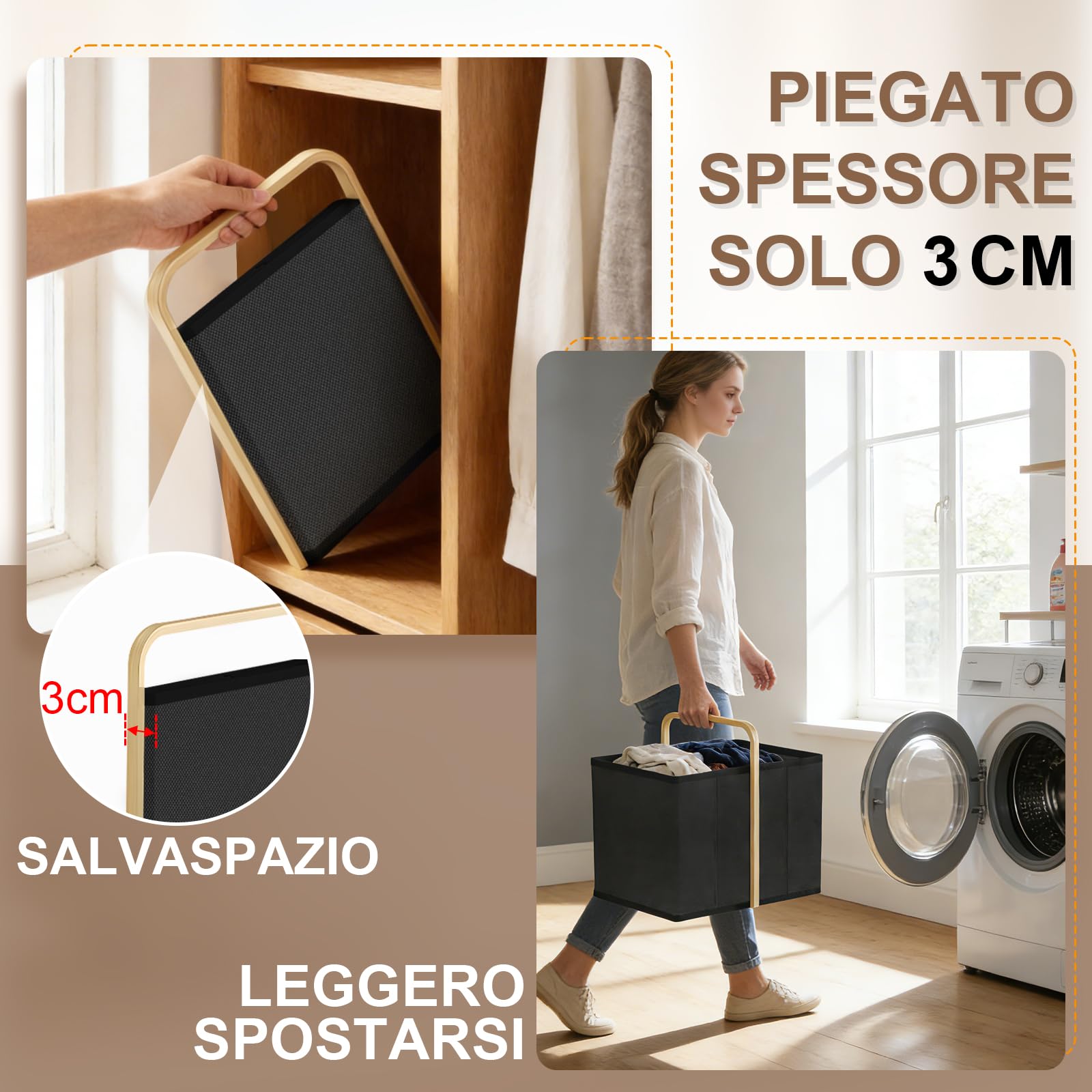 Cesto Portabiancheria Pieghevole, 50 l, Pieghevole in Tessuto Impermeabile, Pieghevoles, con Maniglie, Salvaspazio, per Lavanderia, Bagno e Appartamento (Nero)