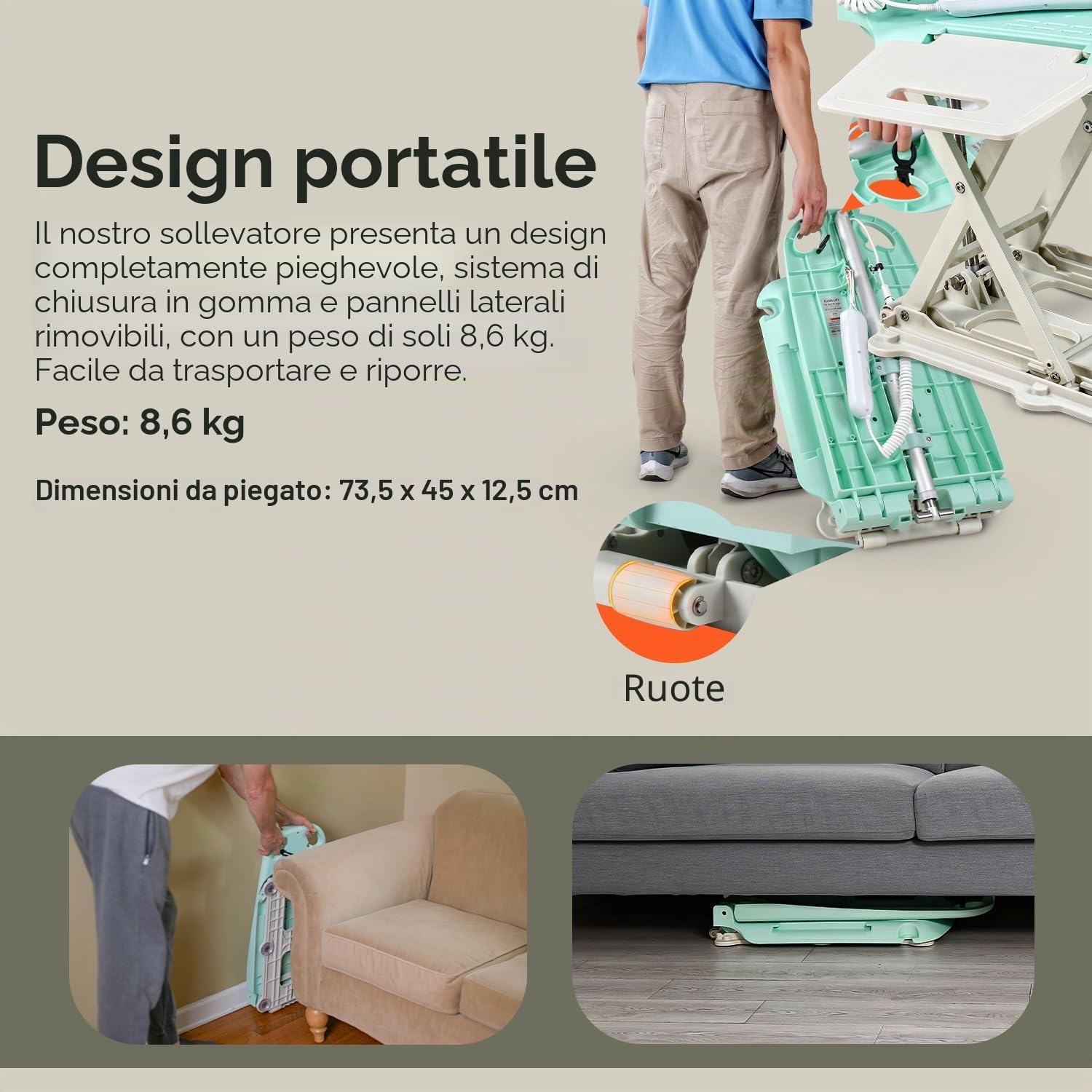 SuperHandy GoRise LT Sollevatore Portatile per Pavimento e Bagno - Leggero, Pieghevole, Capacità 150 Kg, Impermeabile, Sedile Ergonomico con Pannelli Rimovibili, 8,6 Kg [Brevetto in Corso]