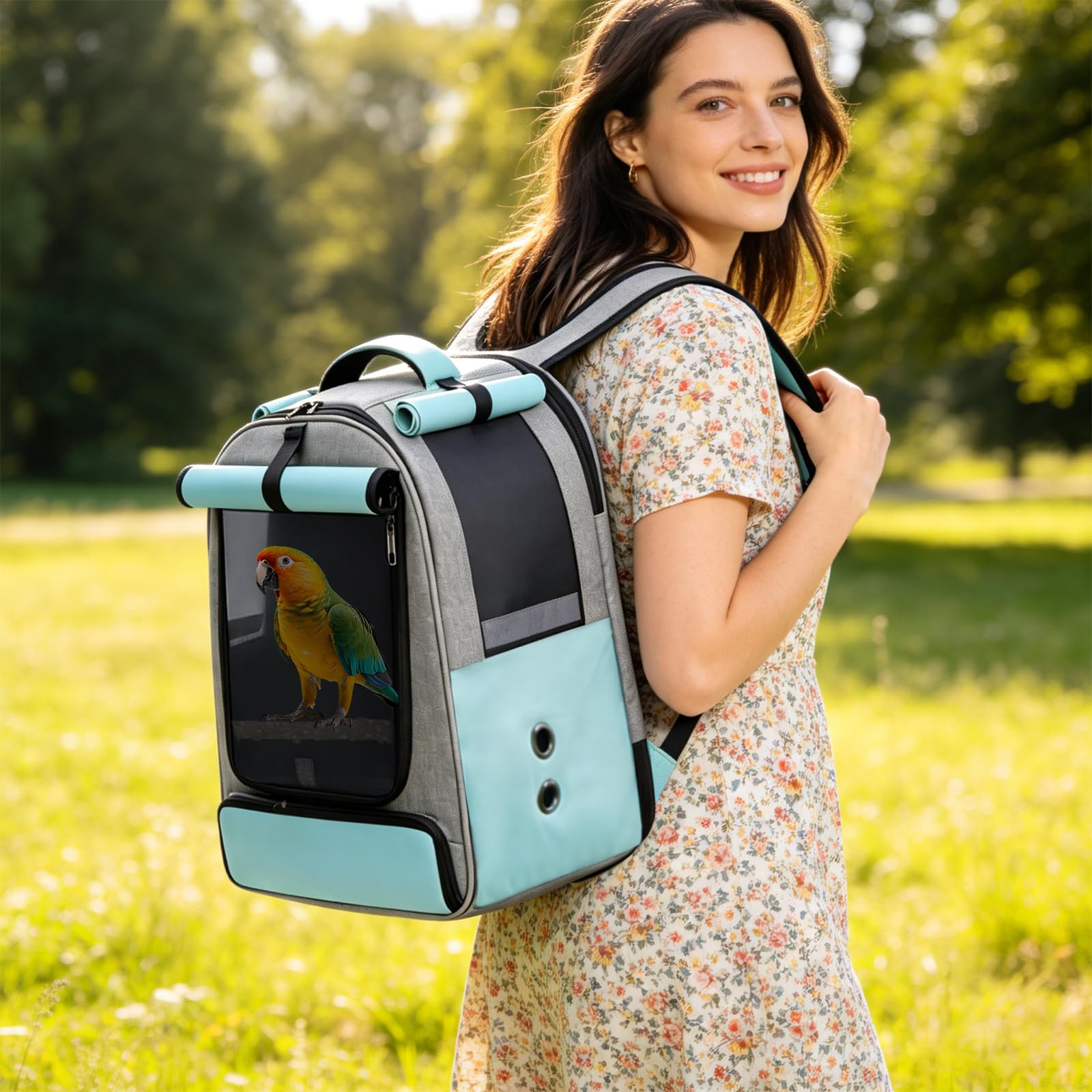 PETCUTE Zaino da Trasporto Uccelli,Borsa per Uccelli Pieghevole con Distributore di Cibo e Asta,Leggero,Borsa da Viaggio Portatile per Pappagalli,per Viaggi,Escursioni, Campeggio,Blu