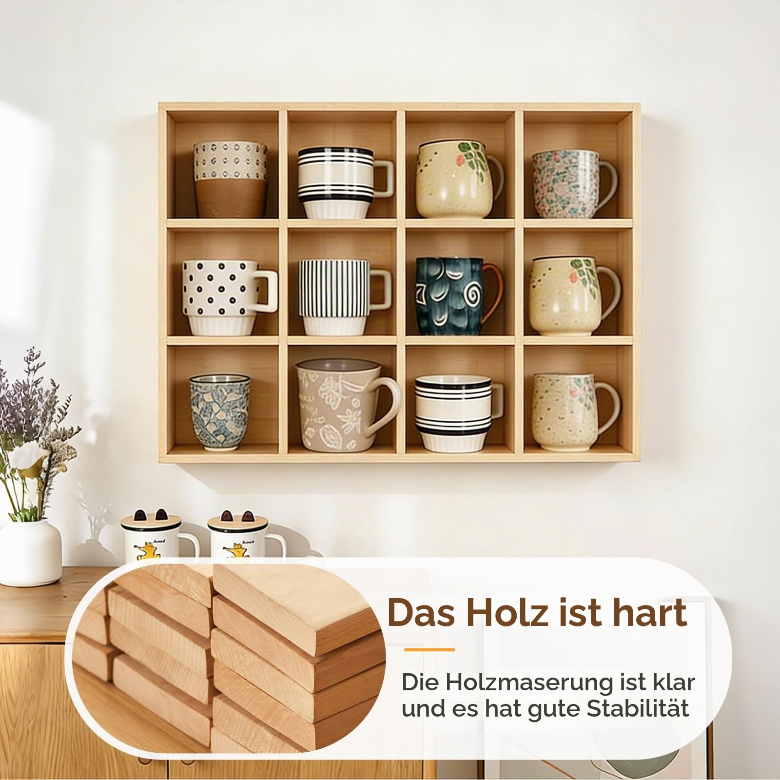 XQZMD Tassenregal Holz Setzkasten, Vintage Wandregal mit 12 Fächern, Wand Dekoration Teetasse Halter, Vielseitiger Holz Aufbewahrungsbox für Knick Knack Cup Collection, Kunsthandwerk Küche, Haushalt & Wohnen