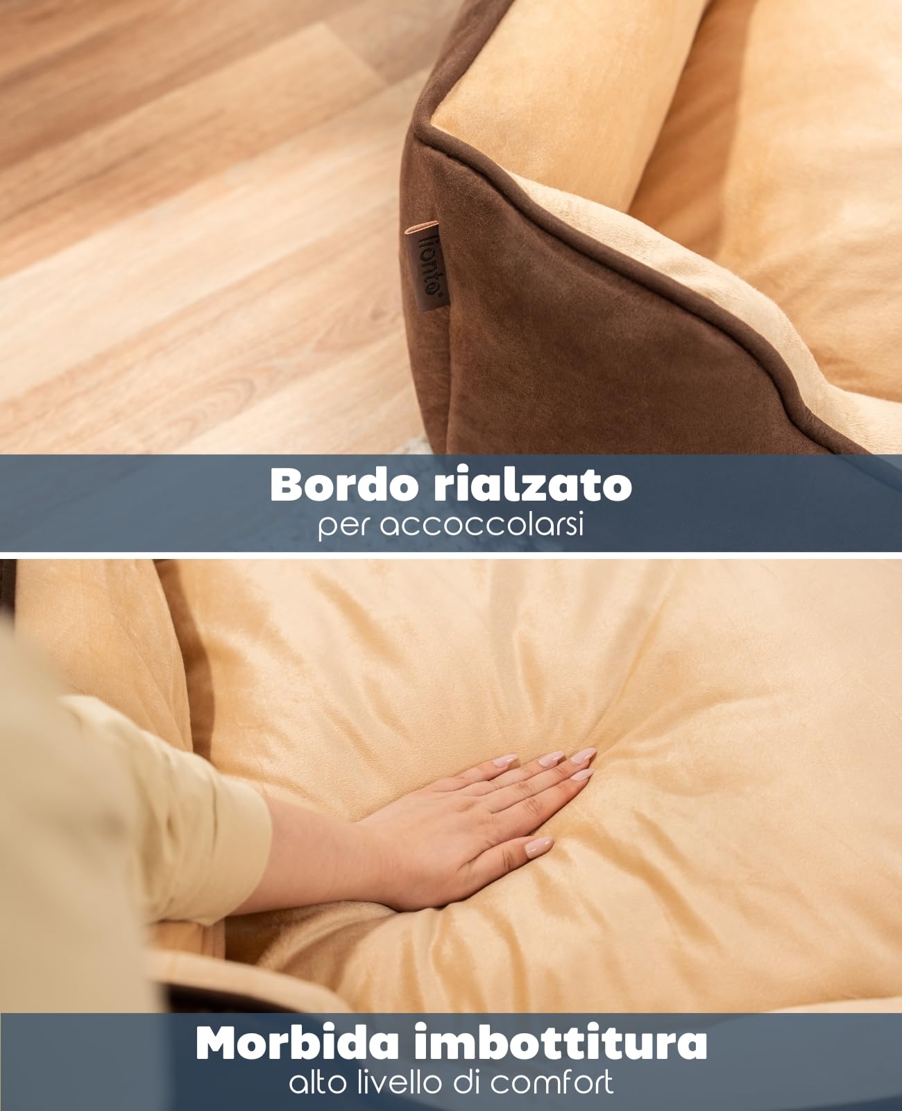 lionto Letto per cani 2 in 1 con ingresso confortevole, accogliente cuccia reversibile per cani e gatti, 60x50 cm, cuscino per cani in similpelle facile da pulire, marrone/beige