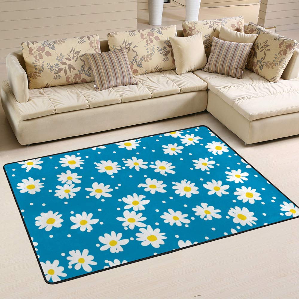 Tapis marguerite bleu grand format pour chambre à coucher et salle à manger durable