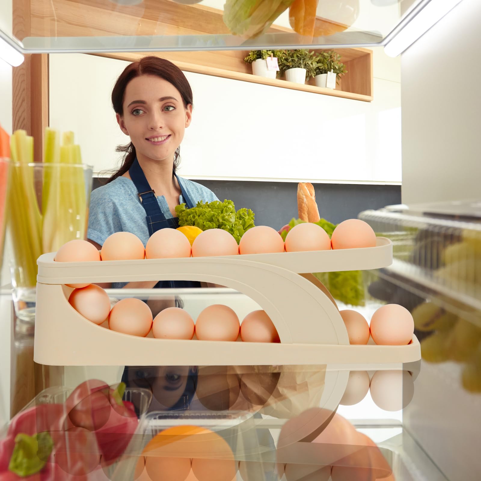 2PCS Rolling Egg Dispenser, Space-Saving Automatic Egg Roller Dispenser, 2 Tier Rolling Egg Holder Container Display Rack Organizer for Kitchen Refrigerator Storage Product Image 5