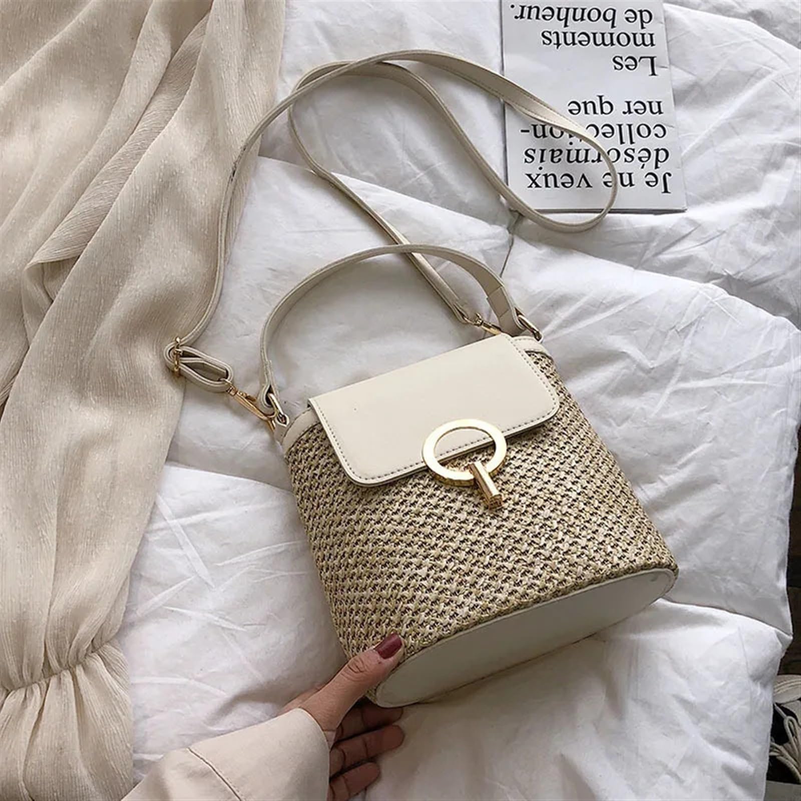 Stroh Handtasche Damen Große Beach Lady Travel Purses and Handbags Casual Chains Straw Bucket Bags Women Summer Messenger Bag Rattan Bags Shoulder Bag Entworfen Für Die Reise Zum Strand Im Urlaub(GREE