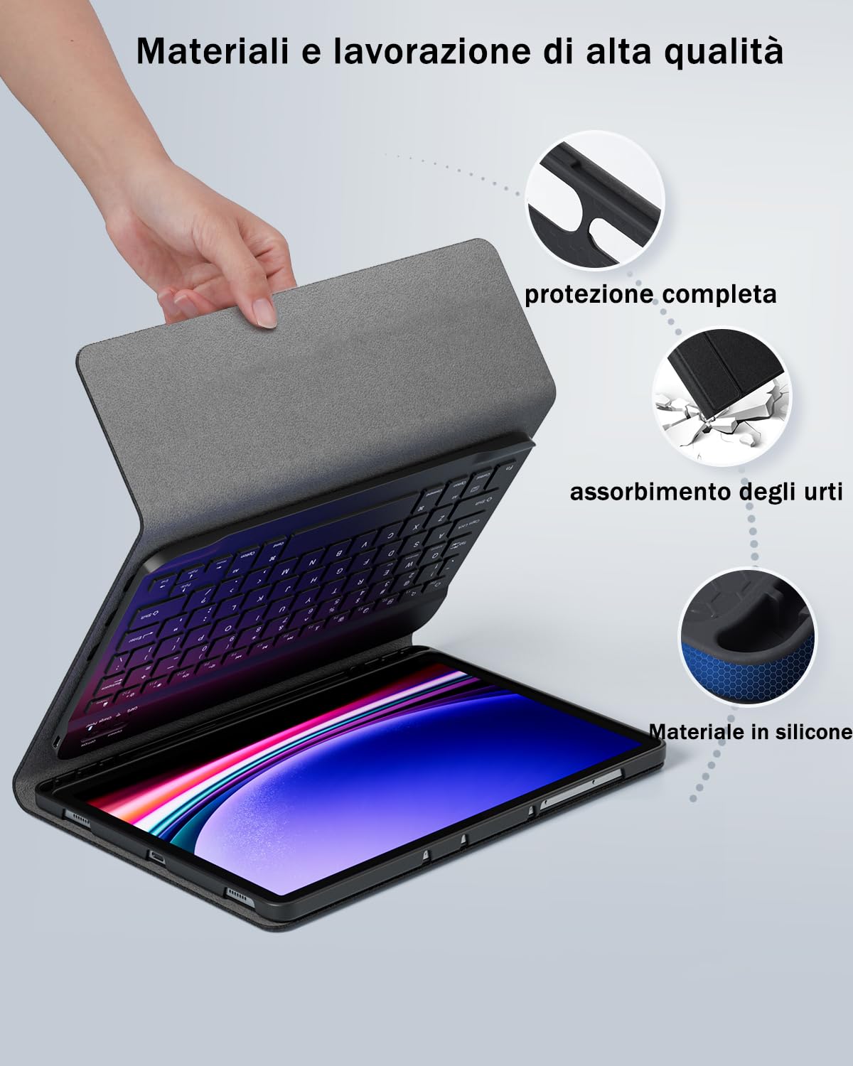 Cover Per Samsung Galaxy Tab S10+ Plus / S9+ Plus / S9 FE+ Plus / S8+ Plus / S7 FE / S7+ Plus 12.4 Pollici con Tastiera Essere Caricata Keyboard Bluetooth Mouse Coperchio Protettivo Case Rosa Nero