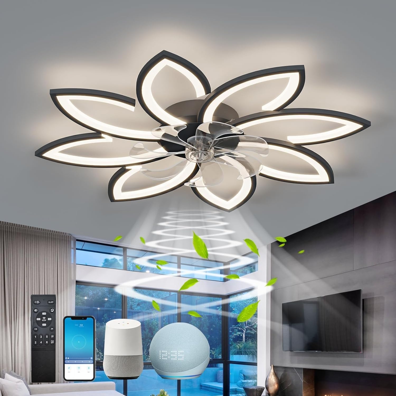 HXYSXHJUO Ceiling fan light 90cm Light with Fan Silent Remote Control Illumination Flower Design APP Dimmable DC and Winter Mode for Living Room