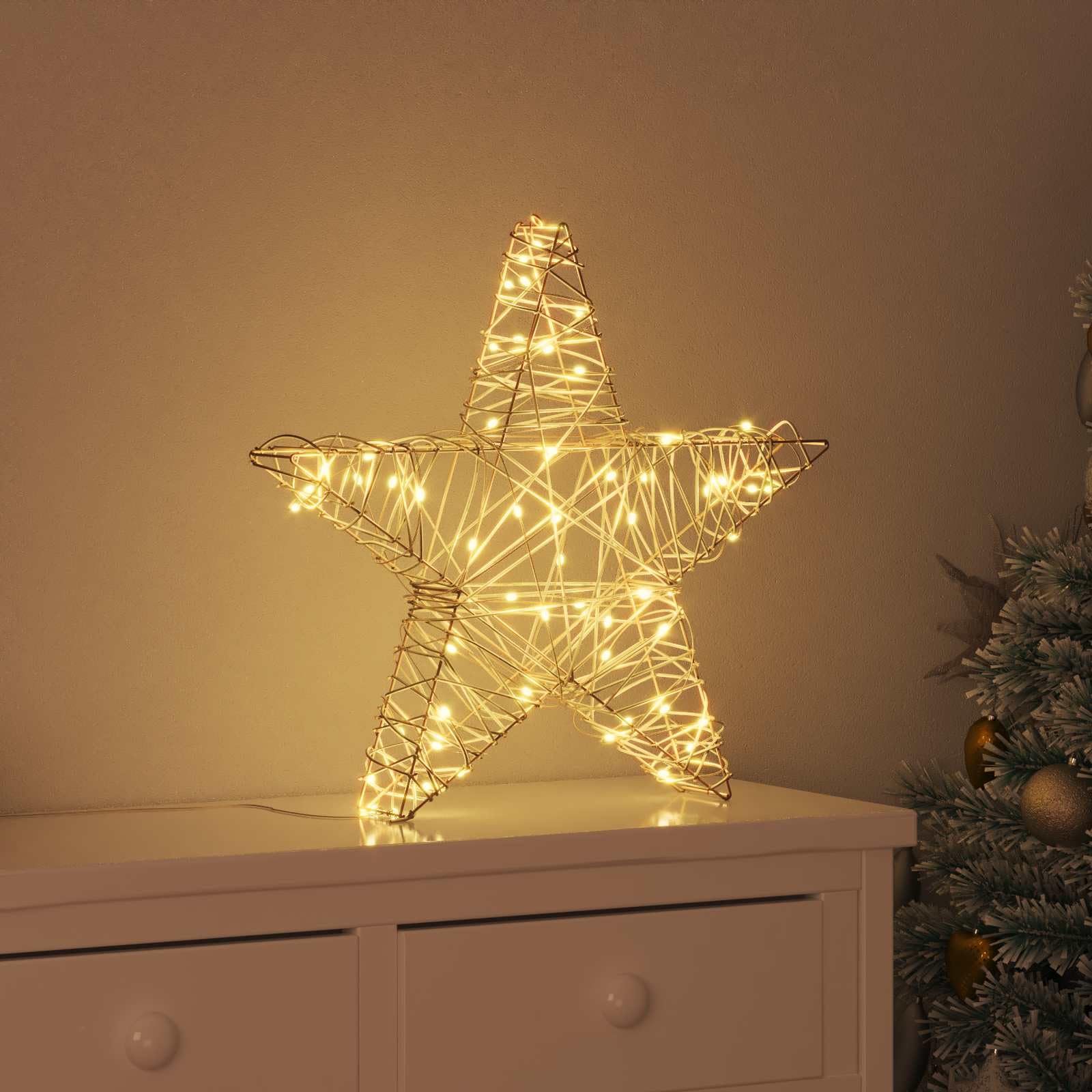 3D Stern mit 50 LEDs Warmweiß aus Rattan 55 x 52,5 x 9 cm USB betrieben für Weihnachtsbaumschmuck, Advent Dekoration, Wohnzimmer und Festliche Stimmung