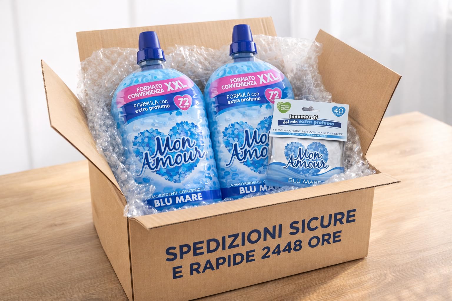 Mon Amour Ammorbidente Concentrato Blu Mare 72 Lavaggi x2 + Profuma Biancheria Omaggio – Extra Profumo, Lunga Durata, Per Lavatrice e Asciugatrice, Formato Convenienza