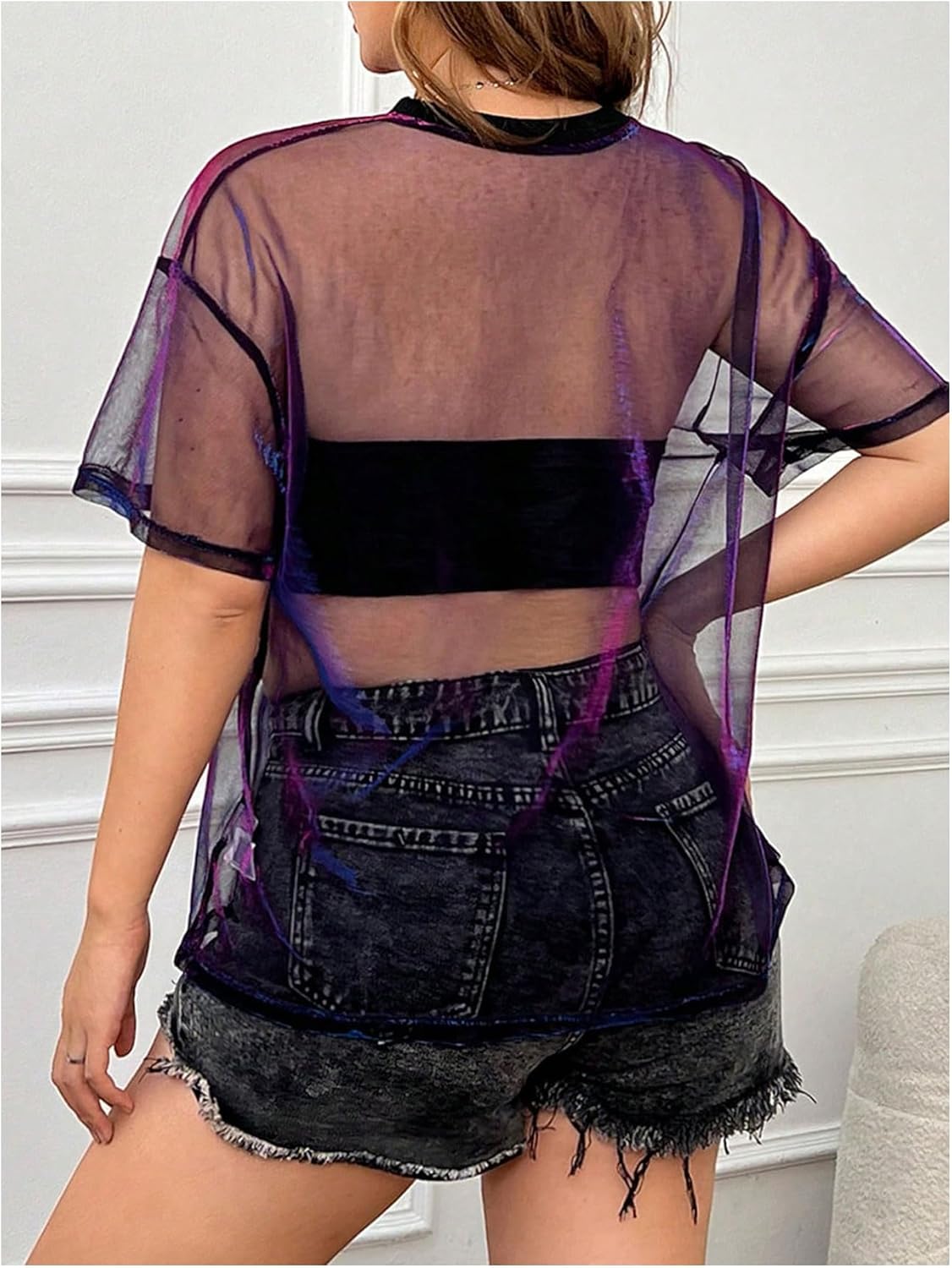 SOLY HUX Women's Plus Size Metallic Sheer Mesh Tops Short Sleeve T Shirt See Through Clubwear Tee - Image 2