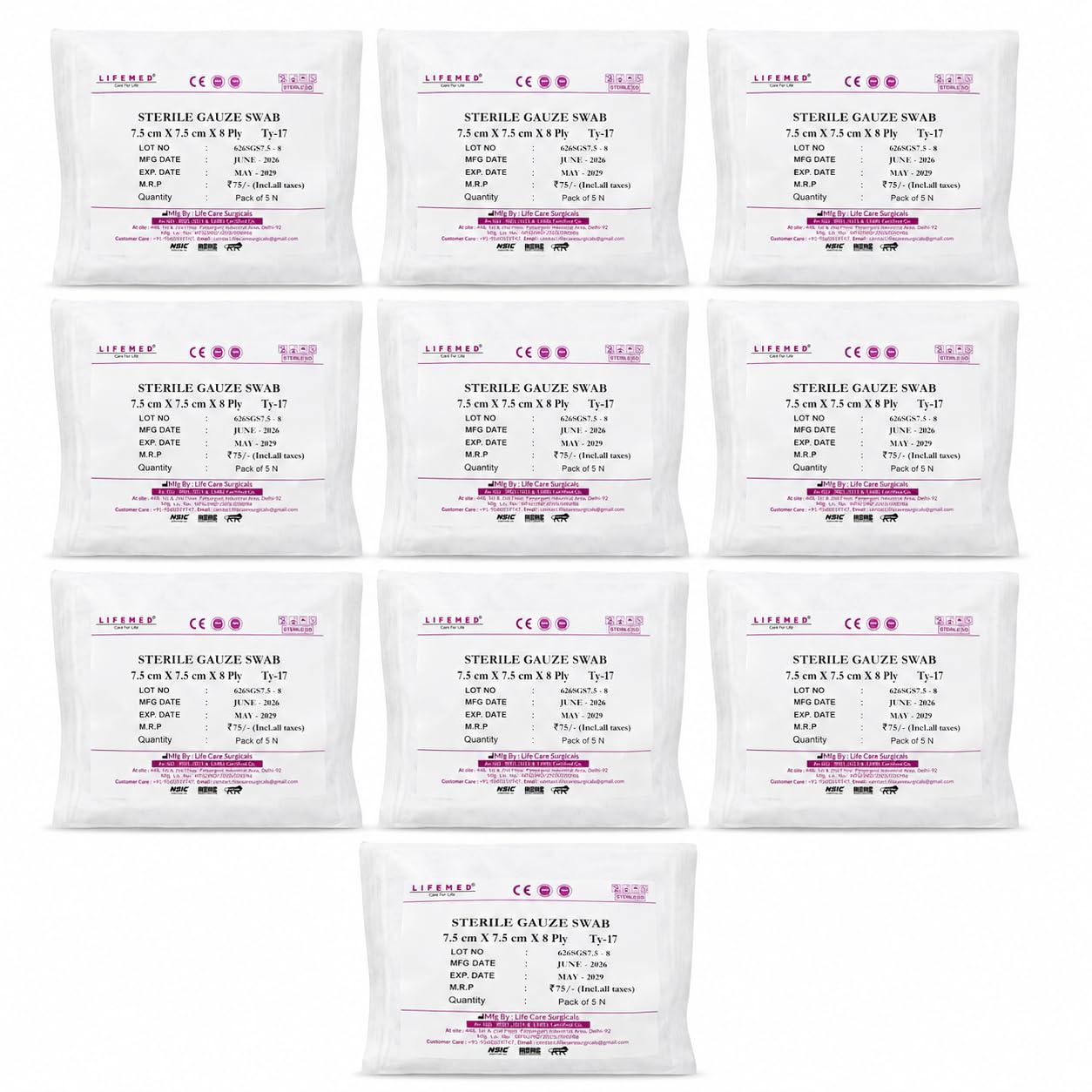 LifeMed Sterile Gauze Swabs 7.5 x 7.5 cm, 8 Ply Type 17, 5 Swabs/Pack, Pack of 10 (50 Dressings)-image-29
