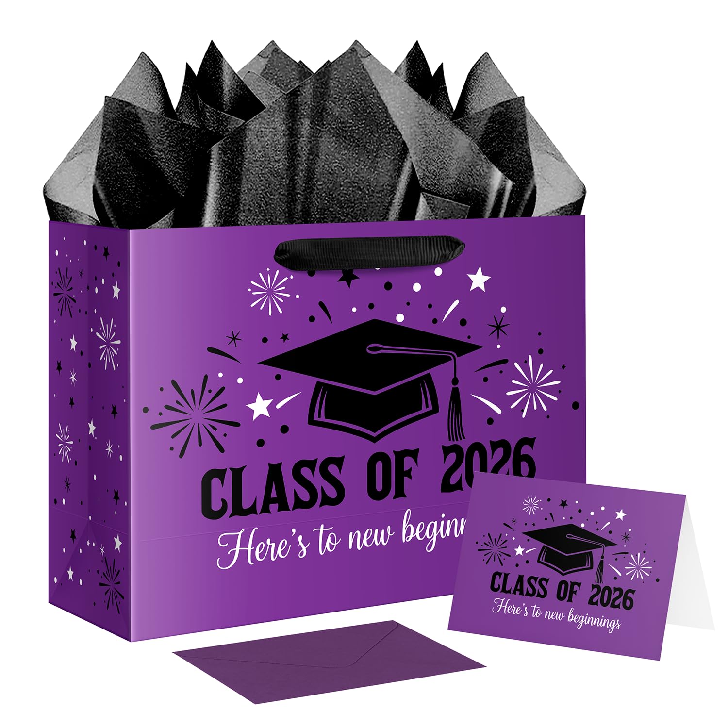 JWSCYSY Large Purple Black Graduation Gift Bag, Class of 2026 Gift Bag with Tissue Paper and Card for College Graduation Season Theme Party Decor Supplies.