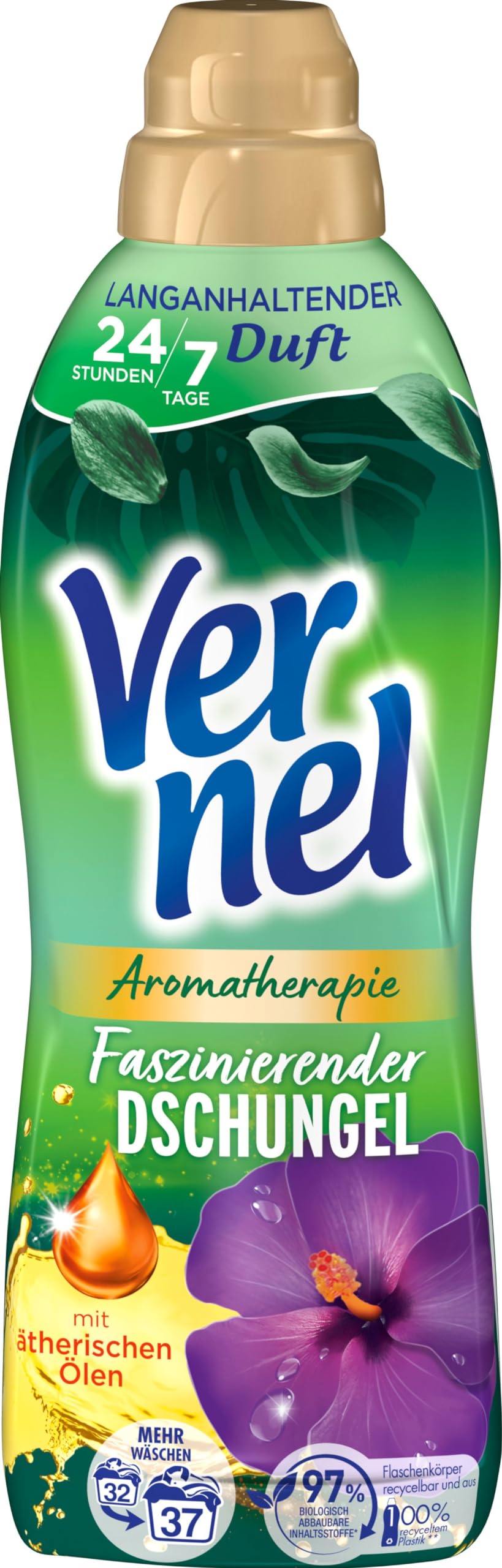 VERNEL Aromatherapie Faszinierender Dschungel Weichspüler 444WL (12x37 Waschladungen), langanhaltender Wäscheduft mit ätherischen Ölen für 24/7 Frische, recycelbare Flasche