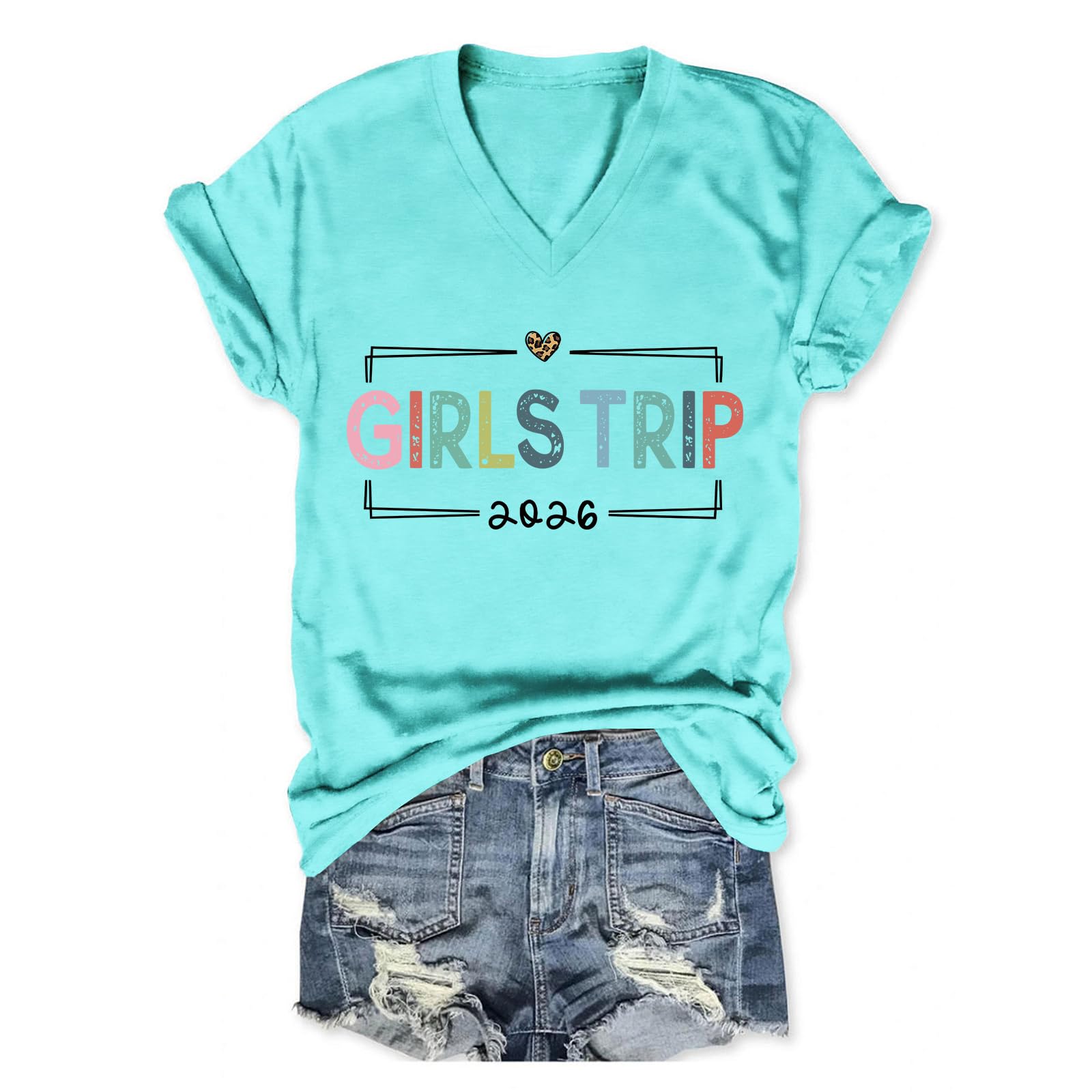 Girls Trip 2026 Shirts for Women, Holiday Travel V Neck Casual Loose Fit Graphic Tees Short Sleeve Funny Summer Tops
