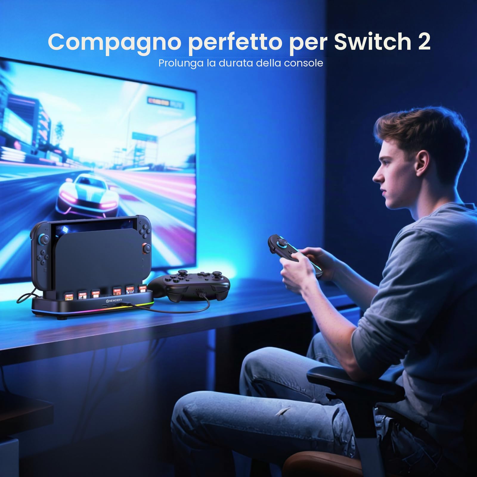 NEWDERY Ventola Compatibile con Nintendo Switch 2, Spazio per 6 Carte di Gioco & 3 Uscite USB, Raffreddatore Switch 2 con Illuminazione RGB, Doppia Ventola a 3 Velocità