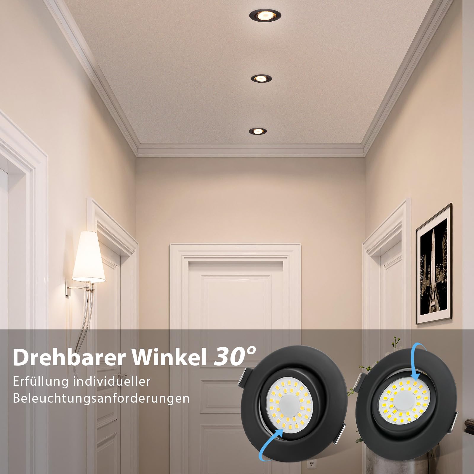 LED Einbaustrahler 230V Flach Dimmbar LED Spots 6W IP44 Bad Einbauleuchten Deckenspots Deckenstrahler,Warmweiß 3000K Schwenkbar Einbauspots für Badezimmer Küche Wohnzimmer,10er Set Schwarz-Matt