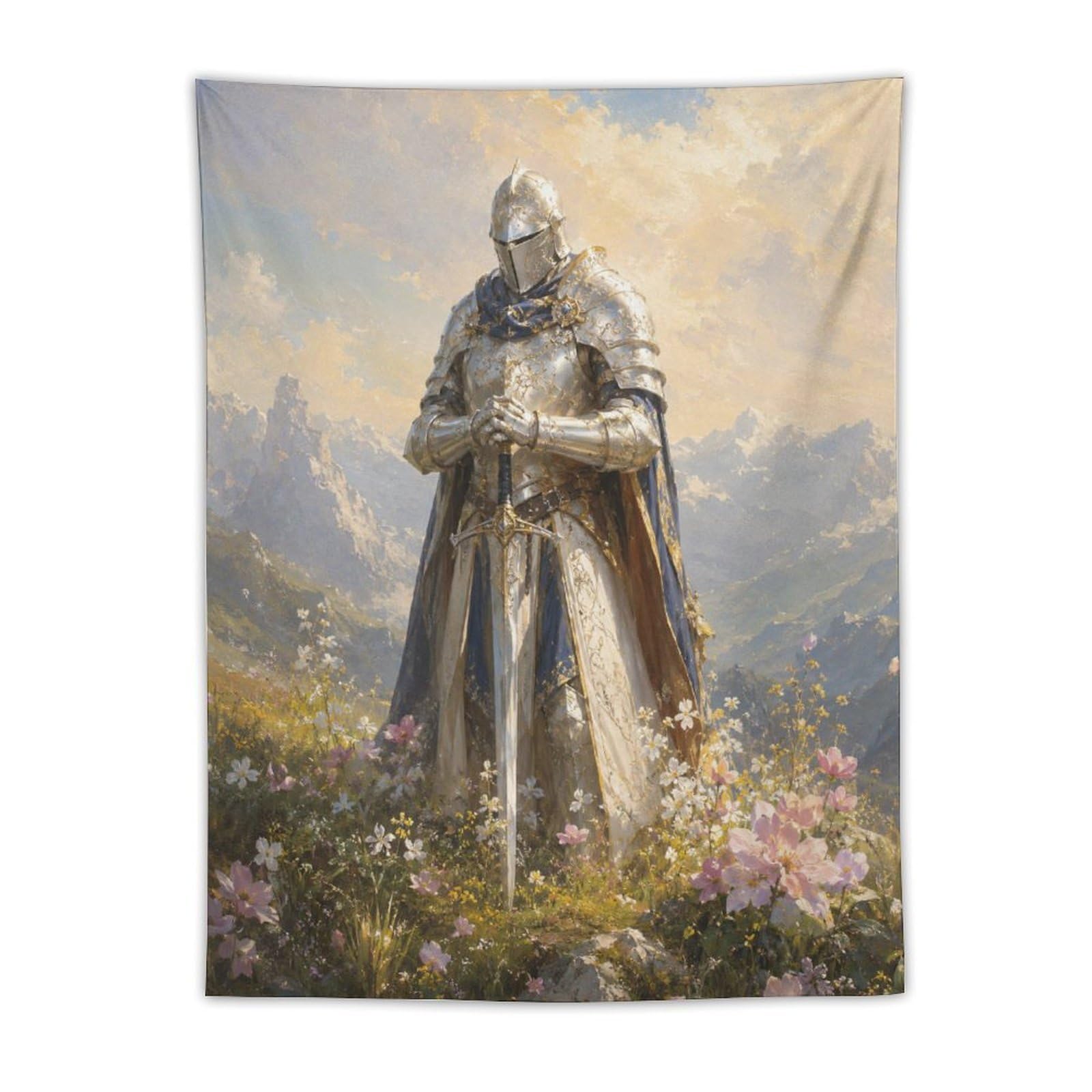H3B8U2Y5 Medieval Knight Floral Mountain Wall Tapestry, Bedroom