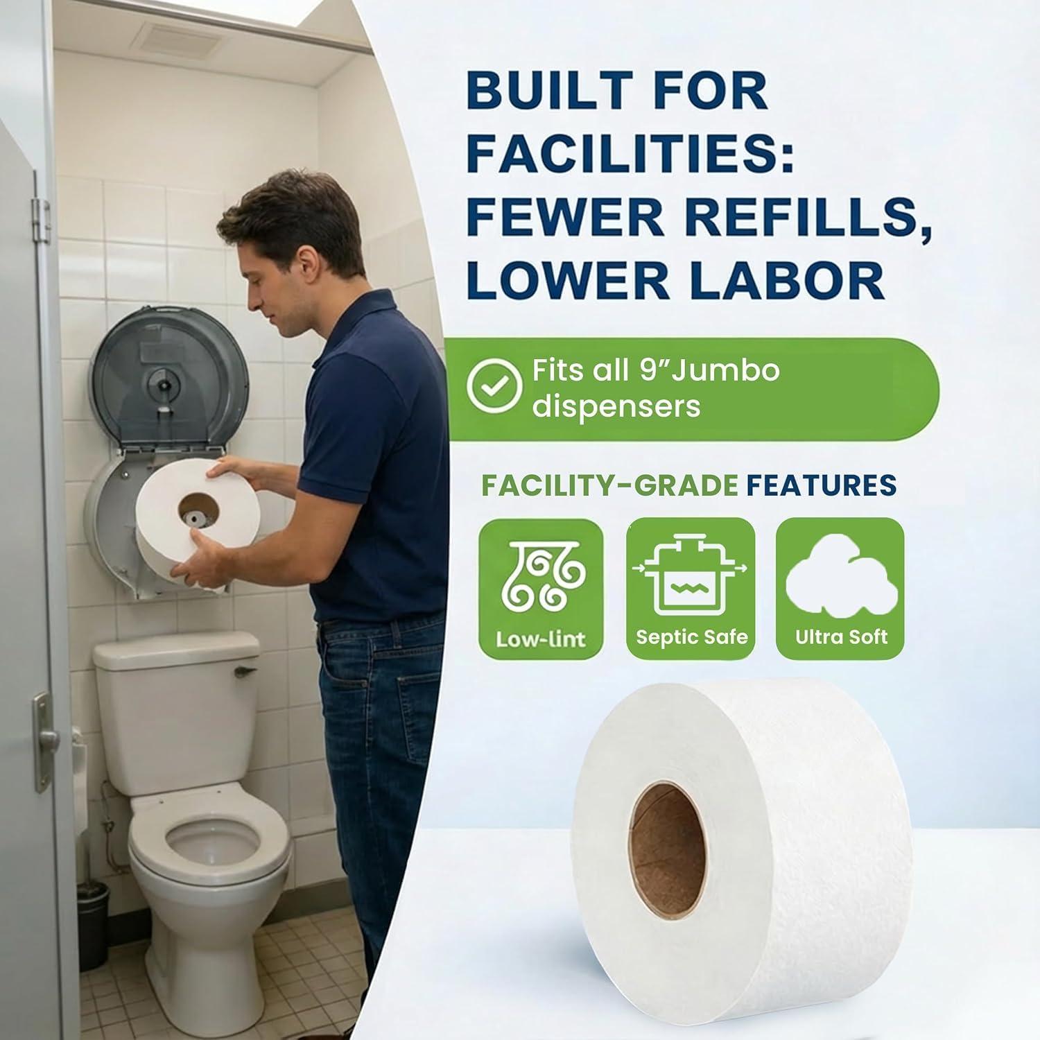 Rollos de papel higiénico jumbo de 2 capas, papel de seda comercial de 9 pulgadas, compatible con dispensador de inodoro jumbo estándar, seguro séptico, certificado FSC e ISO, 1000 pies de