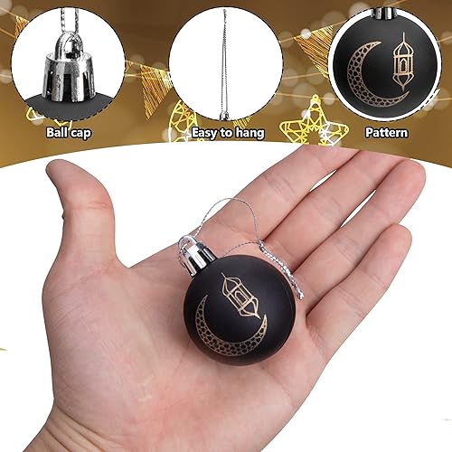 Miniatura 2 de 24 bolas de adorno de Ramadán, bolas colgantes de Eid Mubarak de oro negro de 1.57 pulgadas, adornos de Ramadán Mubarak para decoración de fiesta de