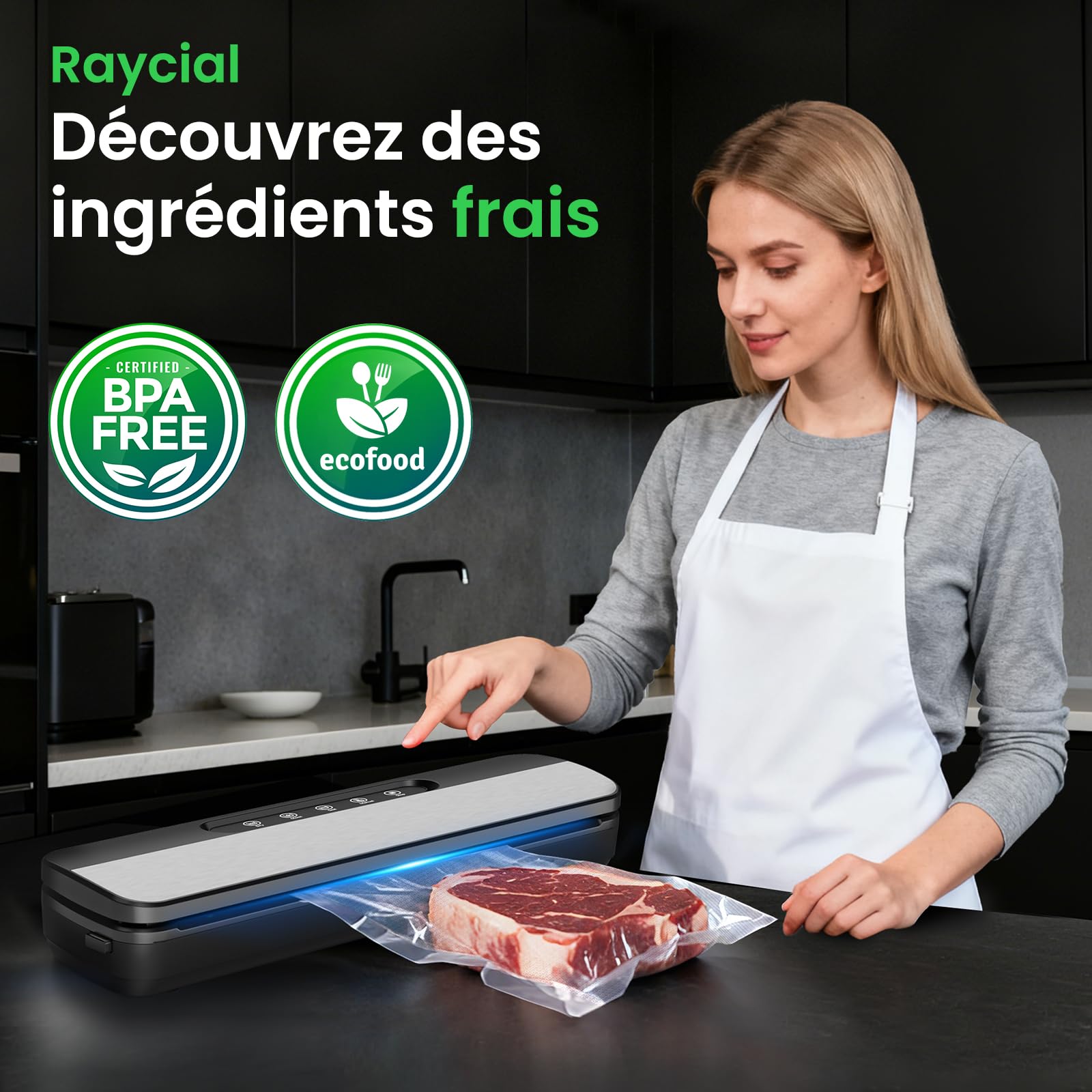 Raycial Machine Sous Vide Alimentaire, 7-en-1 Appareil sous Vide Alimentaire 130W 90 kPa, Appareil de Mise Sous Vide pour La Cuisson Sous Vide, avec Cutter, 10 Sacs Prédécoupés et Tuyau D'extraction
