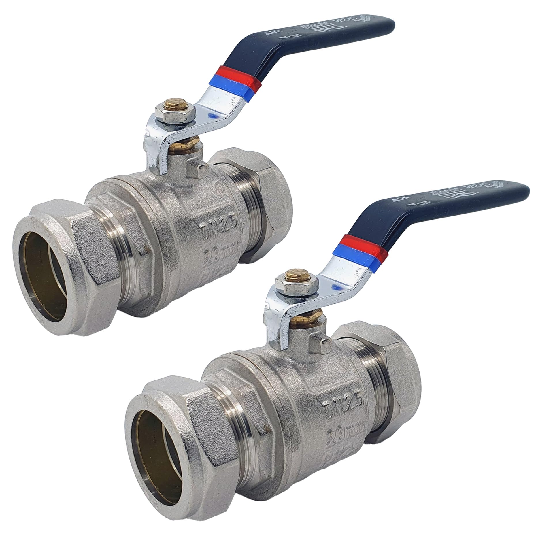 Unvented Components Europe Chrome Ball Valve Full Bore Black Lever Compression, 15Mm, 22Mm And 28Mm, Plated Brass (28Mm, 2)