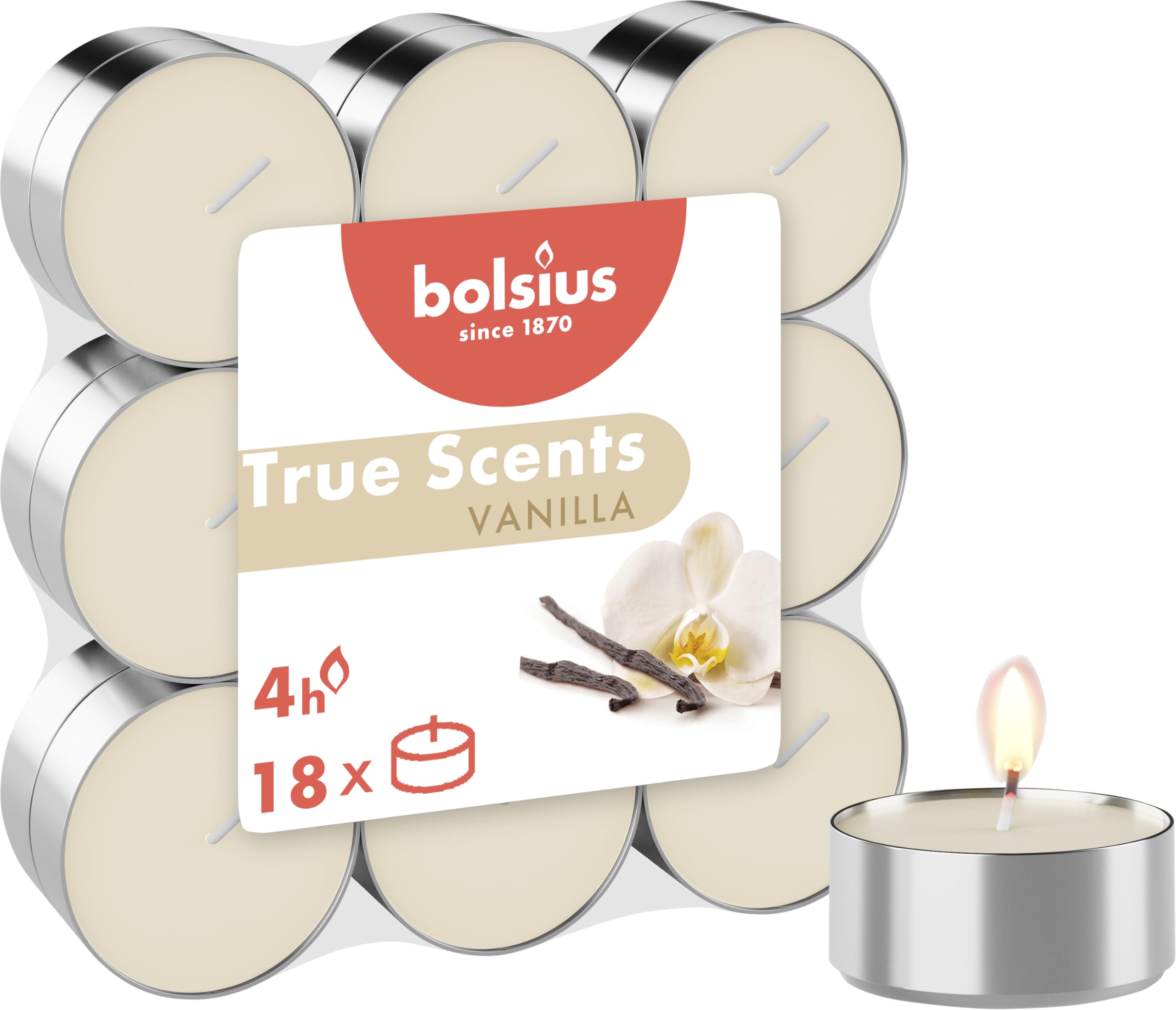 Bolsius True Scents - Fragrance Tealights - Fresh Cotton - Pack of 18 - Long Burning Time of 4 Hours - Household Candle - Interior Decoration - Natural Extracts - Vegan Wax - No Palm Oil