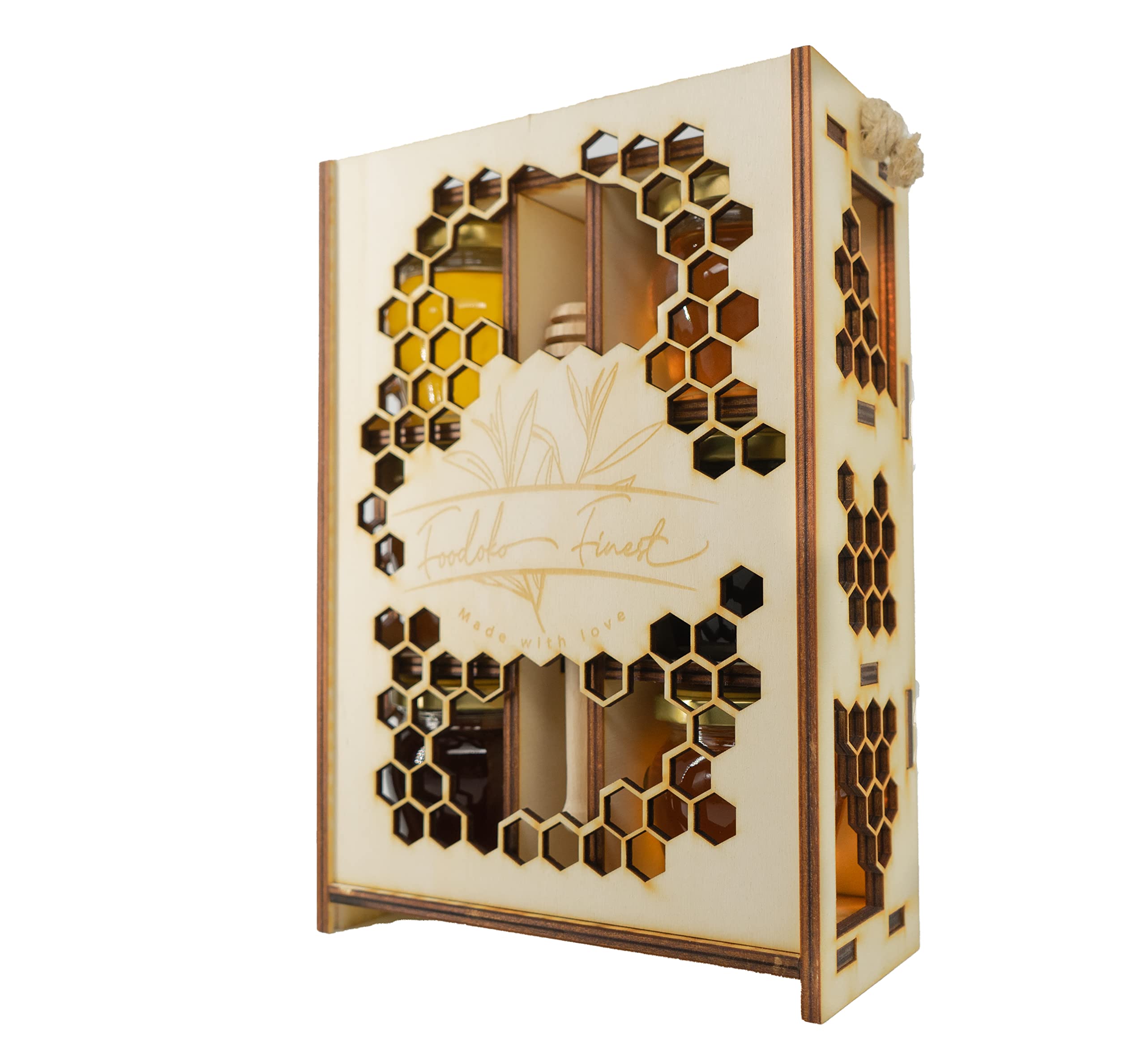 FOODOKO FINEST Honig Geschenkset Feinkost Probierset bestehend aus Blütenhonig, Waldhonig, Apfelhonig, Himbeerhonig, Akazienhonig und Lindenhonig mit Honiglöffel im Holzgestell 660g