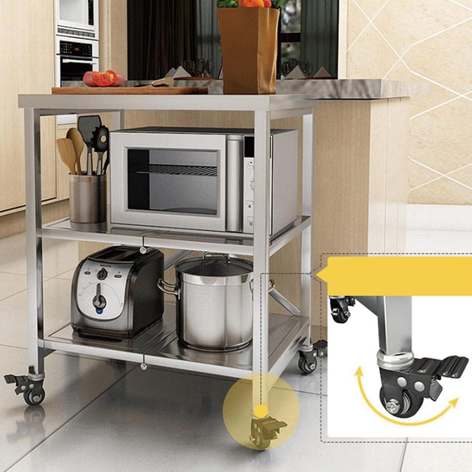 Trolley Stainless Steel 3 Tier Folding Kitchen Cart with Locking Wheels Outdoor Service Cart for Hotels Restaurants and Garages