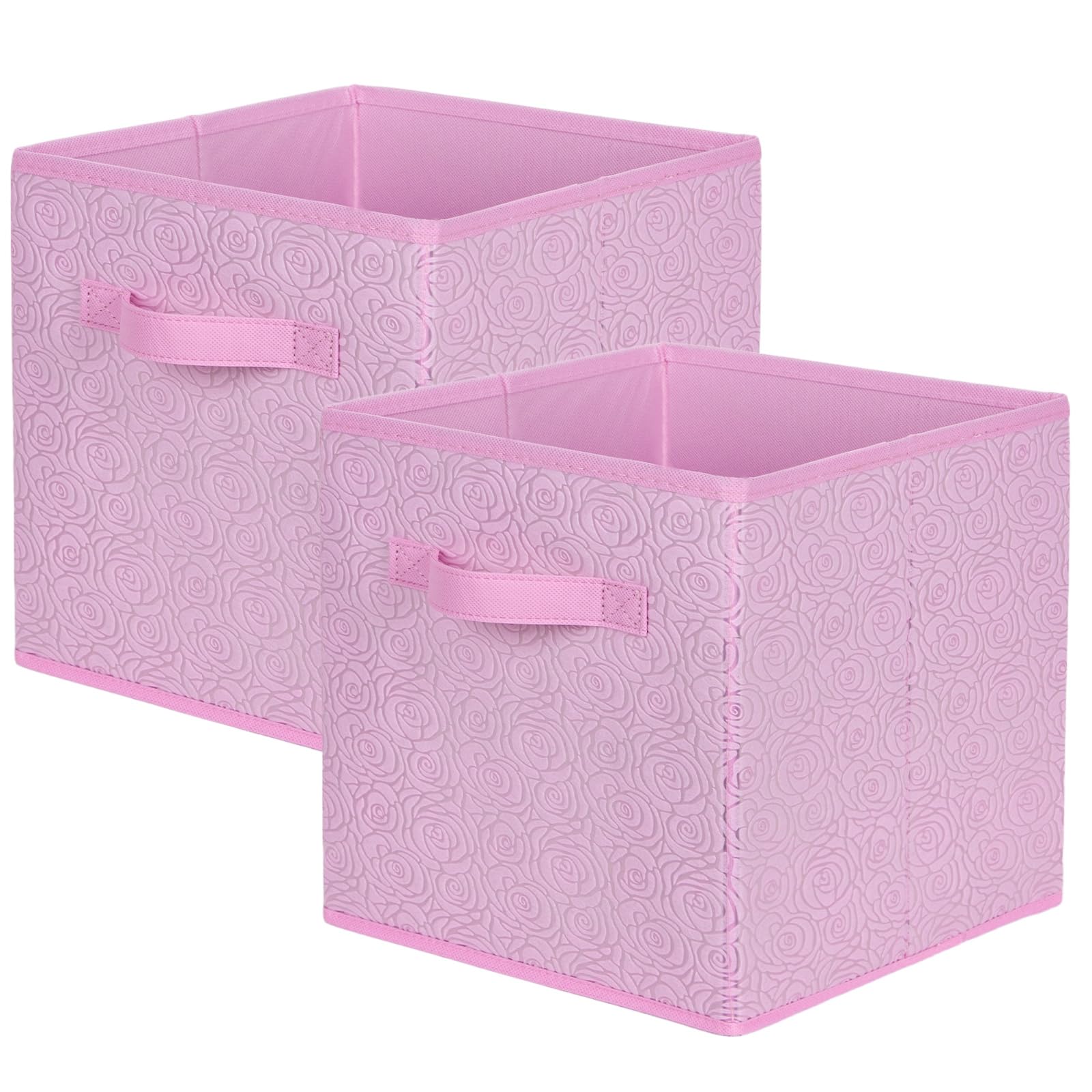 powerking Fabric Storage Box Bins, 2 Pack Foldable Cloth Storage Cube Organizer Drawer with 3D Embossed Rose Pattern For Closet And Toys Storage,27x27x28cm,Pink