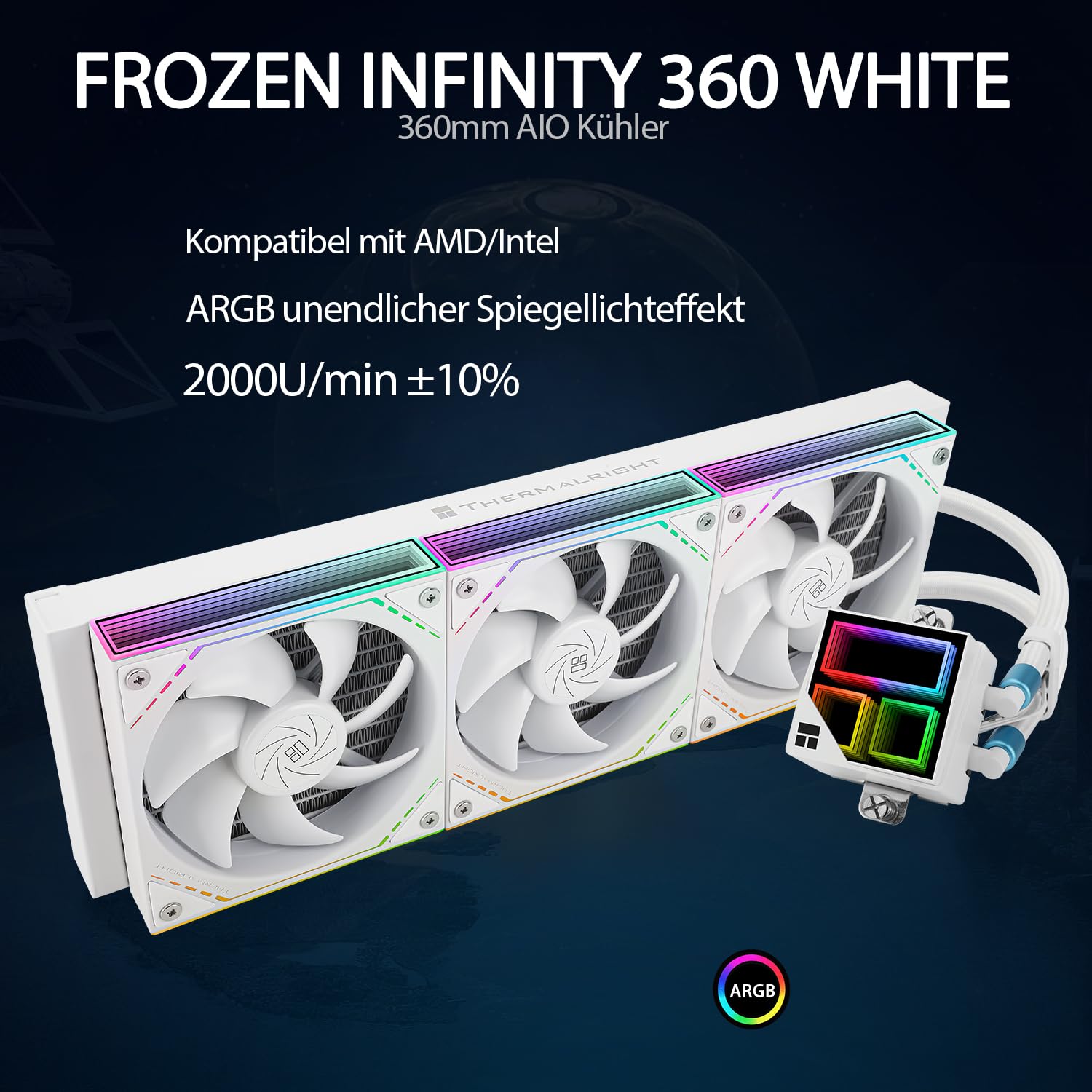 TR-Thermalright Frozen Infinity 360 Bianco Liquido CPU Radiatore, Radiatore Aio 360mm con Effetto Luce Infinity Mirror, 2000RPM, per AMD AM4/AM5, Intel LGA1851/1700/1150/1151