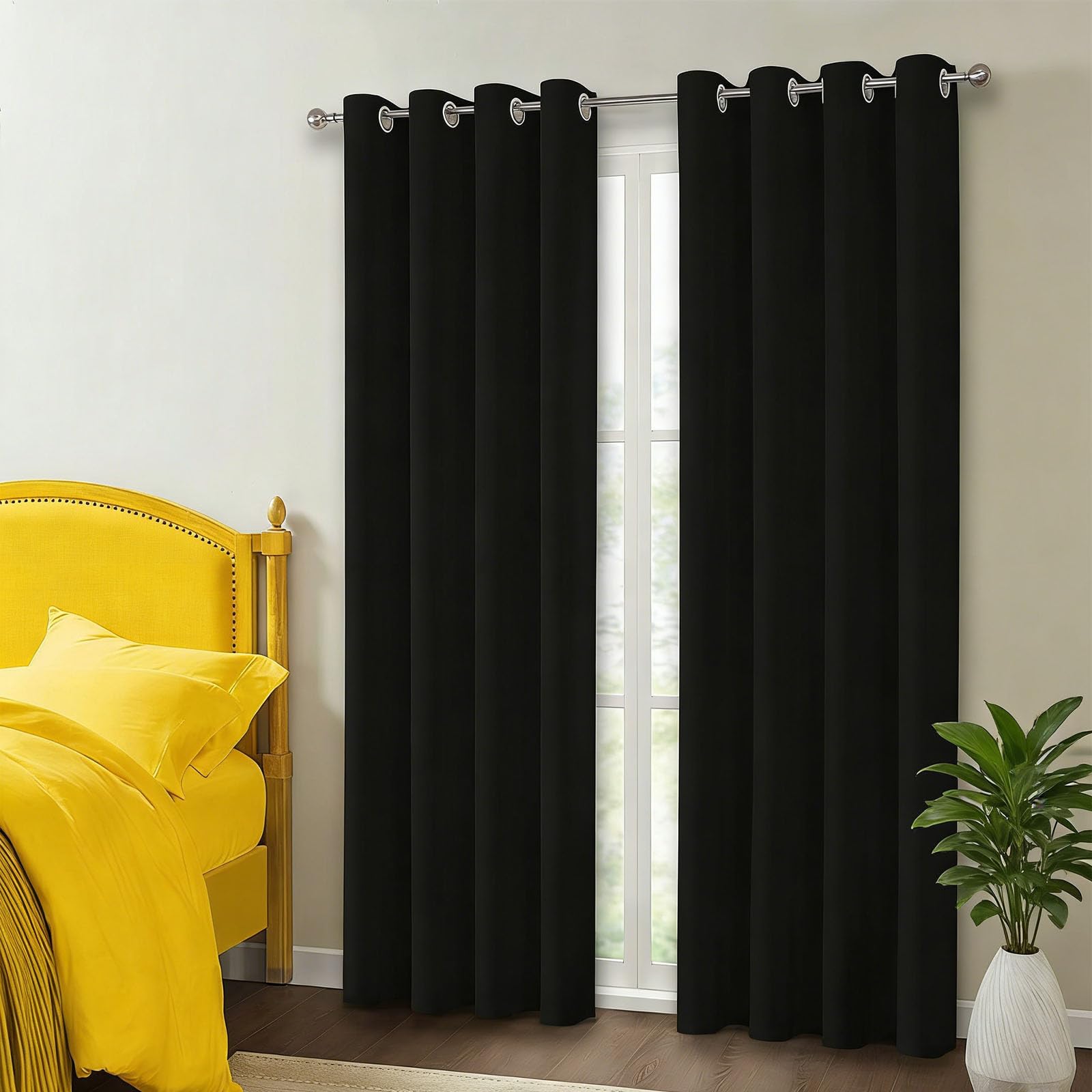 Gardinen mit Kräuselband 150 x 190 cm mit Ösen Verdunkelung Wohnzimmer Einfache Montage in Nur 1 Minute Ohne Bohren für Türen, Badezimmer Und Toiletten, Schwarz