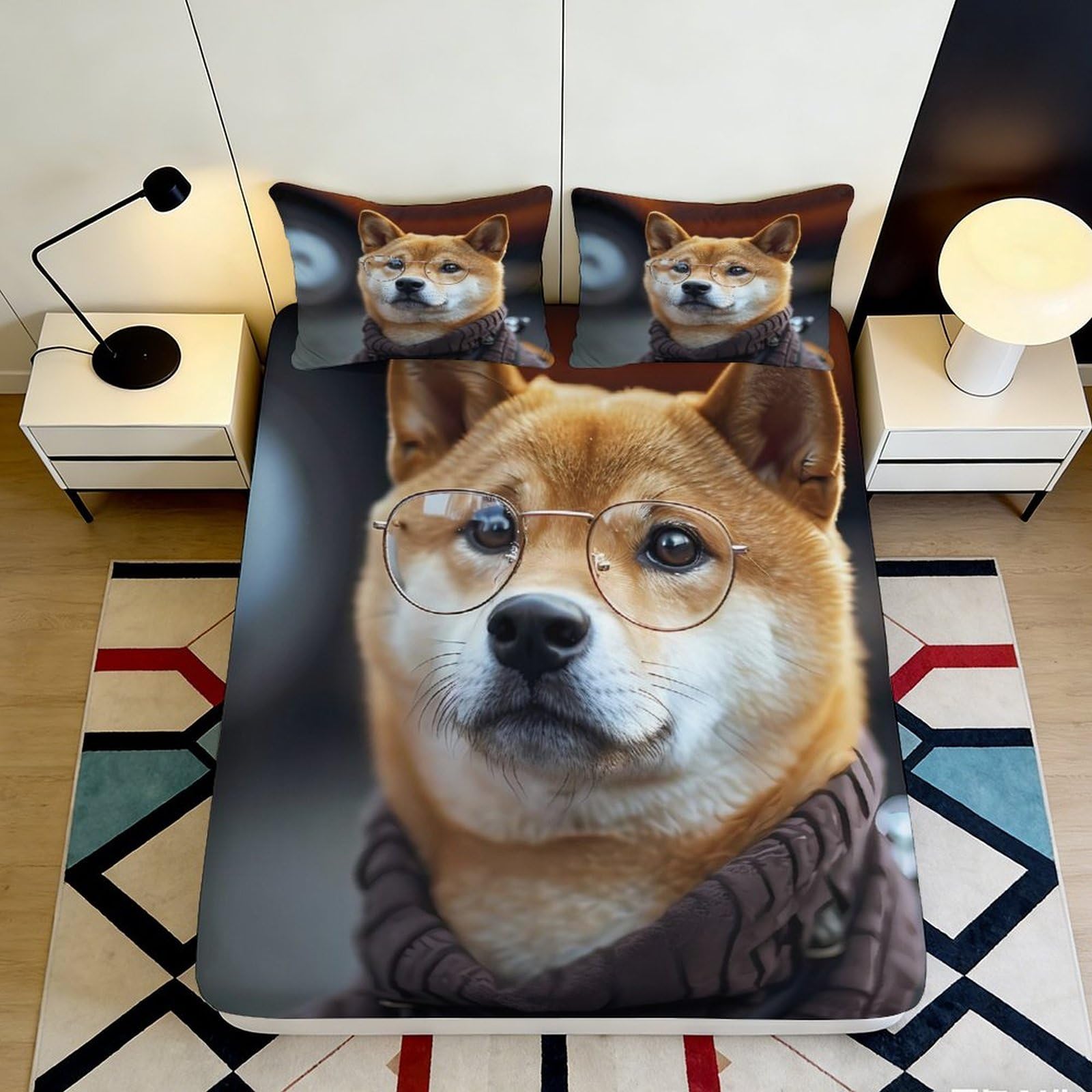 3D Printed Shiba Inu Dog Fitted Sheet Microfiber Soft Cozy Brown Glasses Bed Cover for Bedroom Guest Room Dorm Decor 90x200x25cm