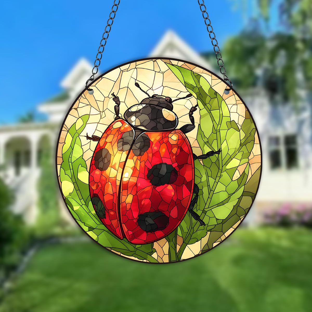JUNWALL Ladybug Acrylic Window Hanging, Ladybird Insects Stained Acrylic Window Decor Hanging Ornaments Indoor Outdoor Garden Stained Art Panel Gift for Women Christmas Thanksgiving