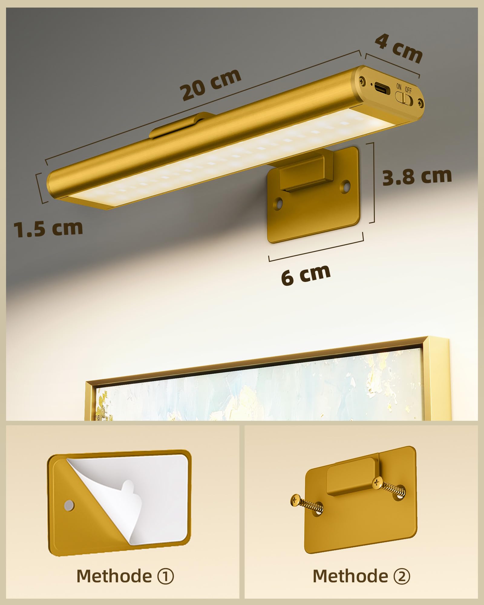 EZVALO Iluminación de Imagen Inalámbrica, Lámpara de Pared Inalámbrica para Interiores, Luces LED con Batería para Espejo de Baño, Cuadros, Pinturas y Fotos (2 Piezas, Oro)
