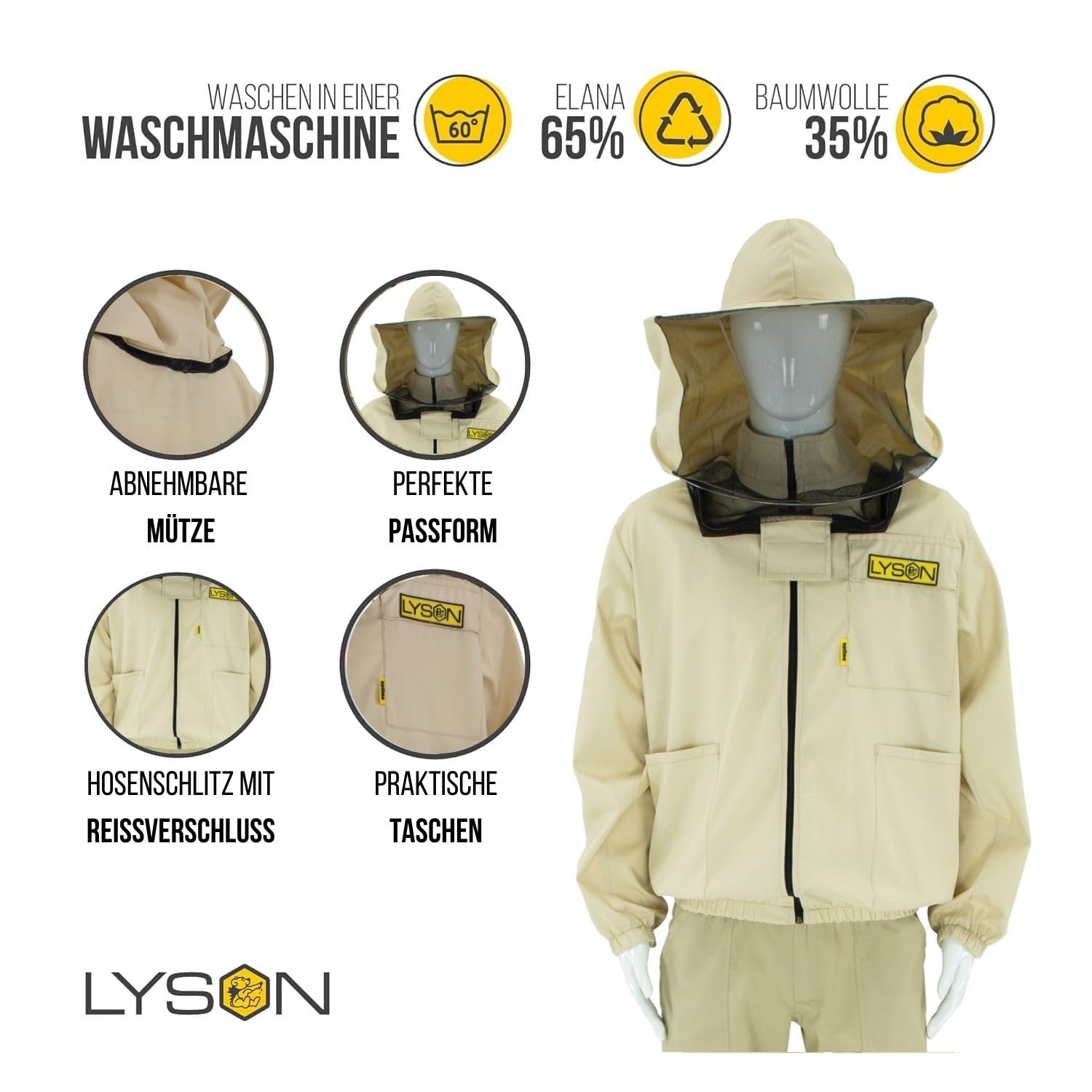 LYSON Imkerjacke mit abnehmbarem Hut, Imkerbluse mit Schleier, Schutzhemd für Imker Beekeeping Jacket Schutz gegen Bienen Insekten Imkerbekleidung Grösse S Imkereibedarf Imkerzubehör