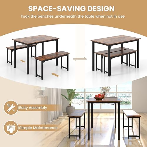 Miniatura 4 de LDAILY Moccha - Juego de mesa de comedor para 4, mesa de cocina con bancos, juego de comedor de madera de 43 pulgadas que ahorra espacio con marco