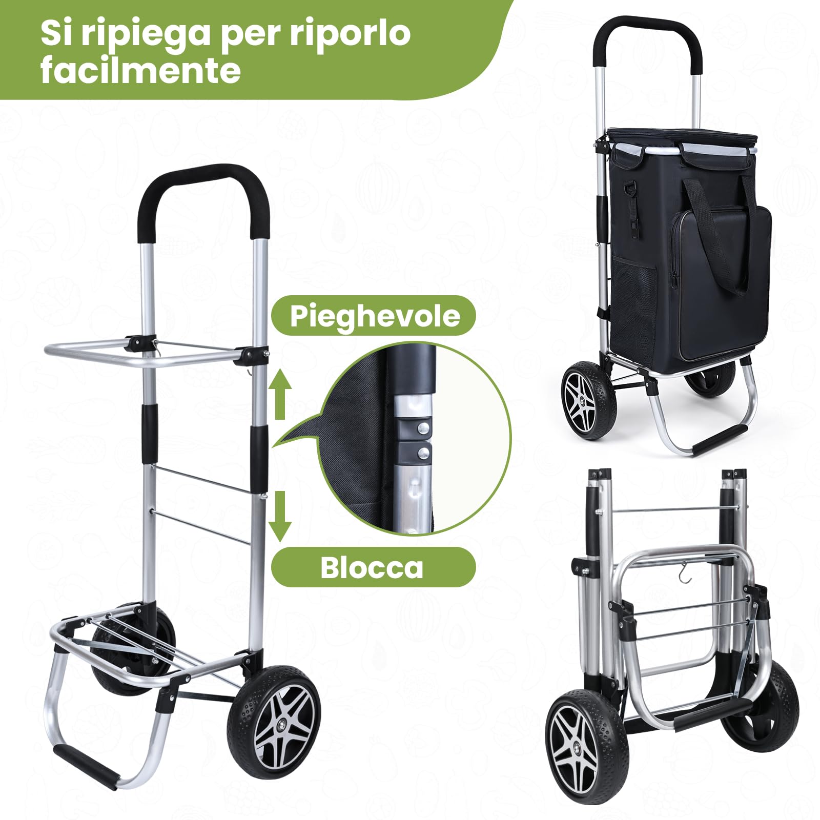 YEAUPE PRO Carrello Spesa Pieghevole 3 in 1 con Compartimento Isotermico - Capacità 50L, Carico Massimo 25kg - Ruote Silenziose, Impermeabile, Facile da Montare e Trasportare - Nero